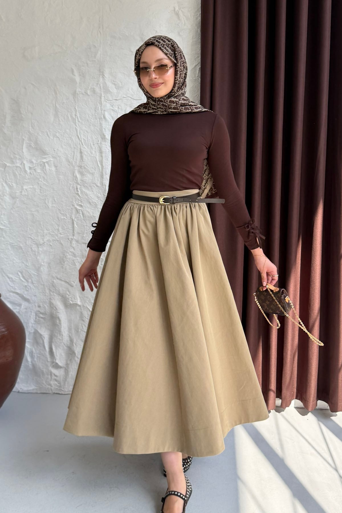 Cepli Beli Yarım Lastikli Gabardin Etek-ÇAĞLA YEŞİLİ