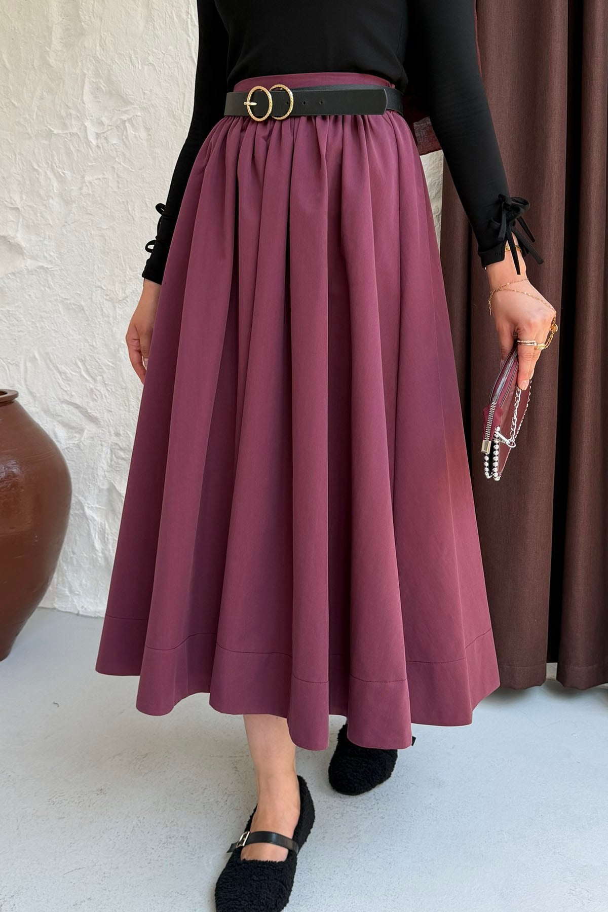 Cepli Beli Yarım Lastikli Gabardin Etek-BORDO