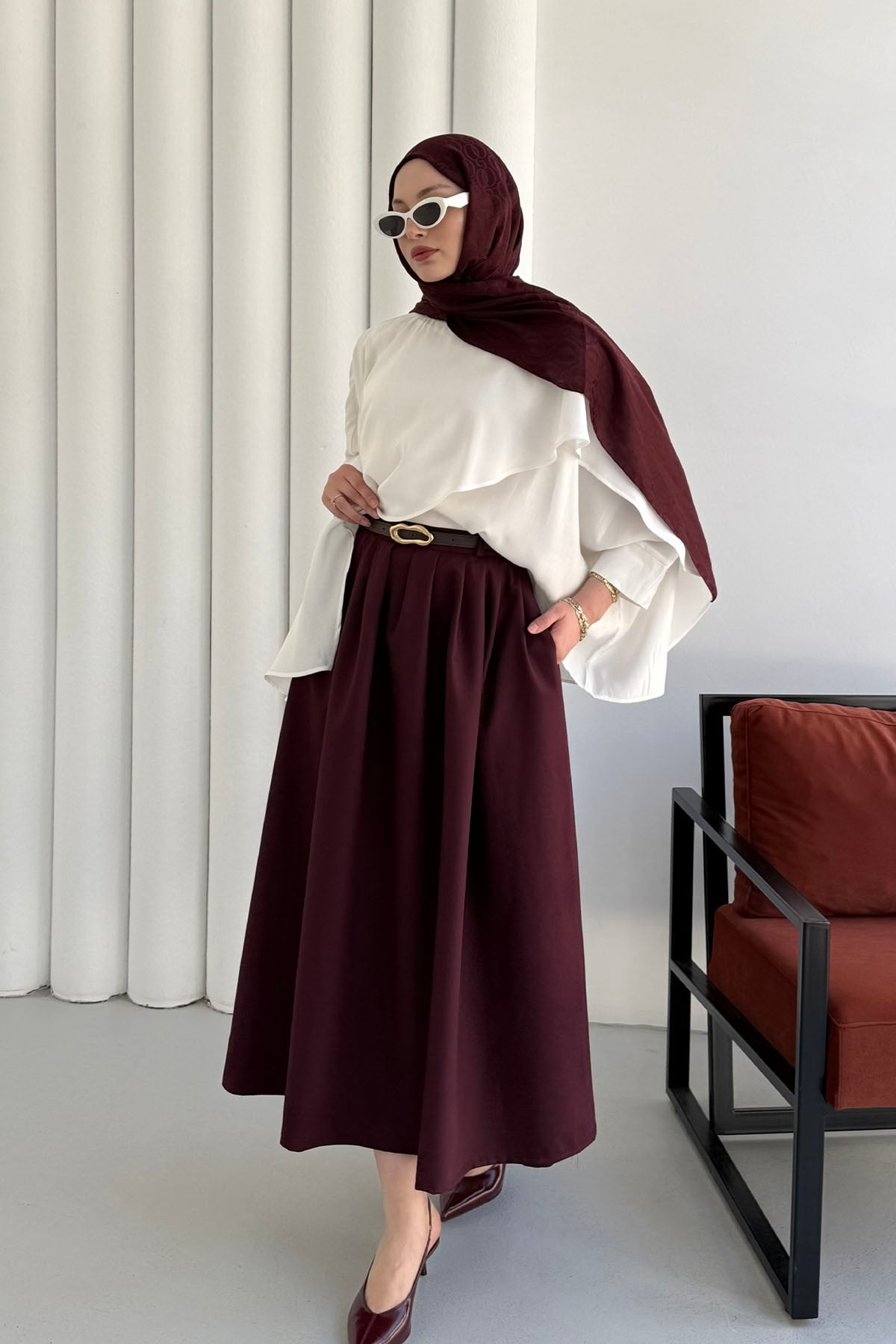 Cepli Kemerli Pile Detaylı Etek-BORDO