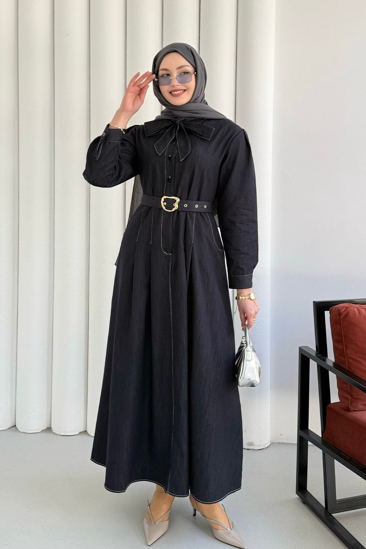 Cepli Kendinden Fularlı Denim Tesettür Elbise-LACİVERT