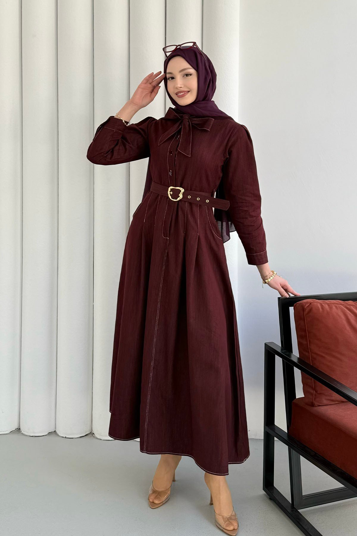 Cepli Kendinden Fularlı Denim Tesettür Elbise-BORDO