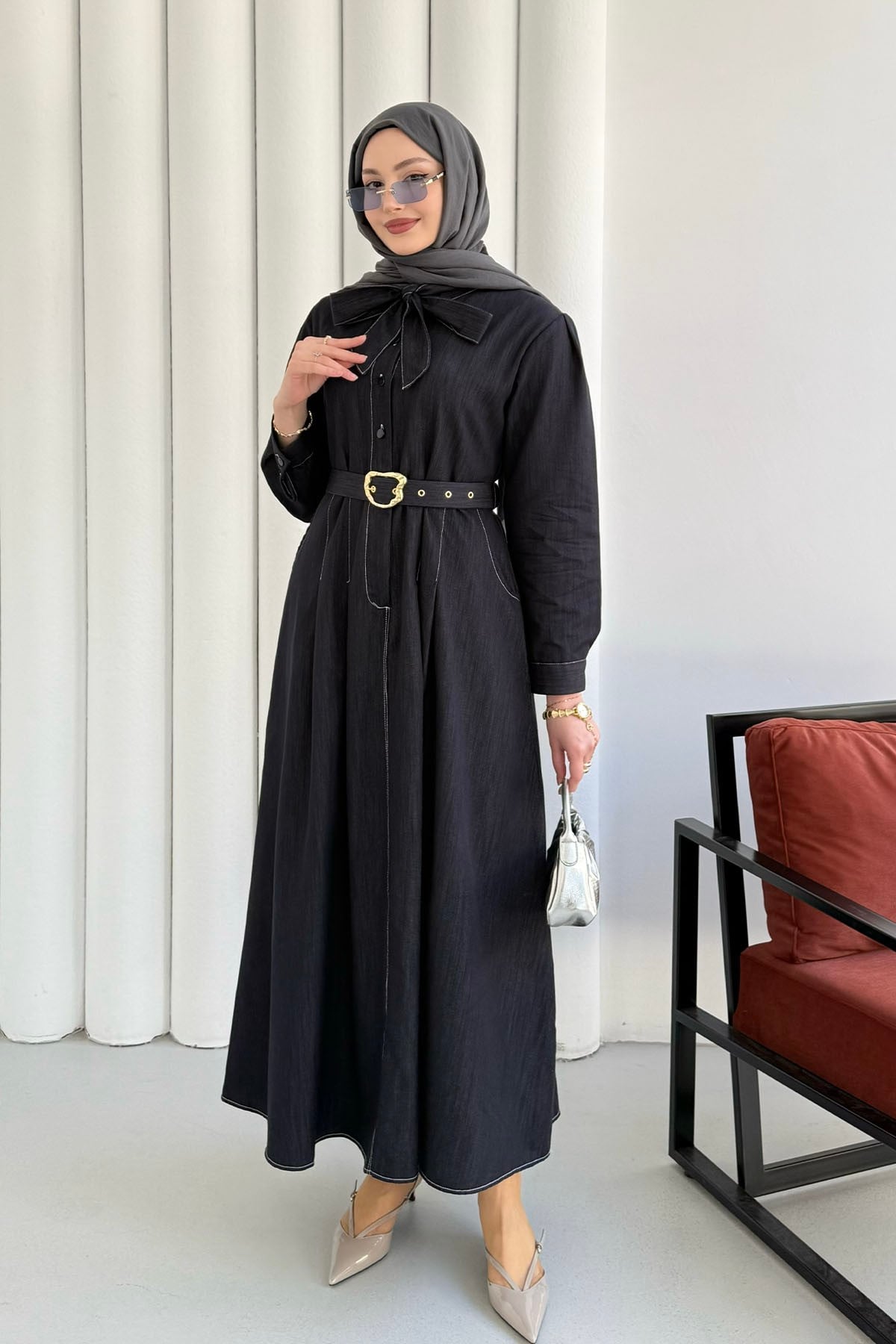 Cepli Kendinden Fularlı Denim Tesettür Elbise-LACİVERT