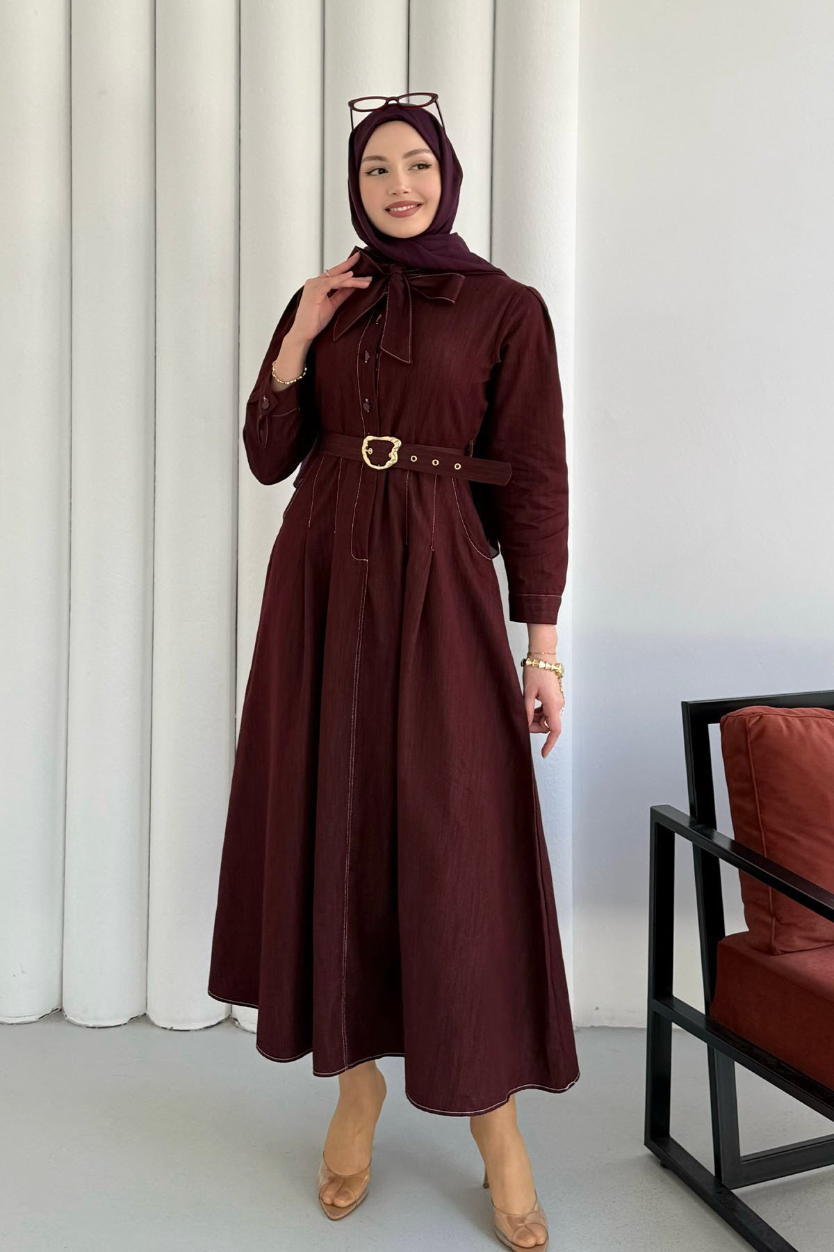 Cepli Kendinden Fularlı Denim Tesettür Elbise-BORDO