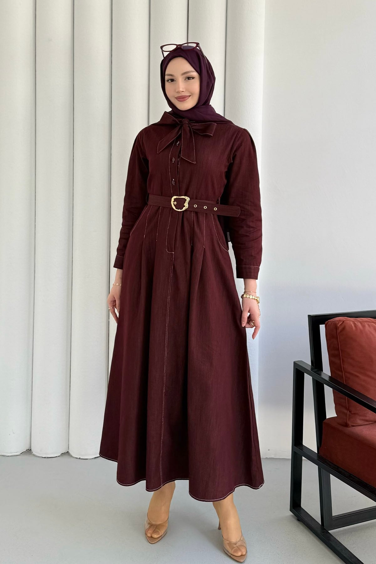 Cepli Kendinden Fularlı Denim Tesettür Elbise-BORDO