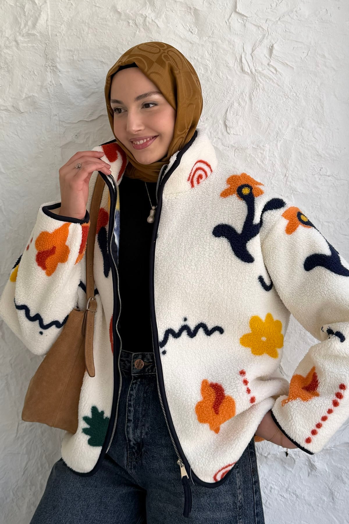 Çiçek Desenli Fermuarlı Peluş Polar Sweatshirt-EKRU