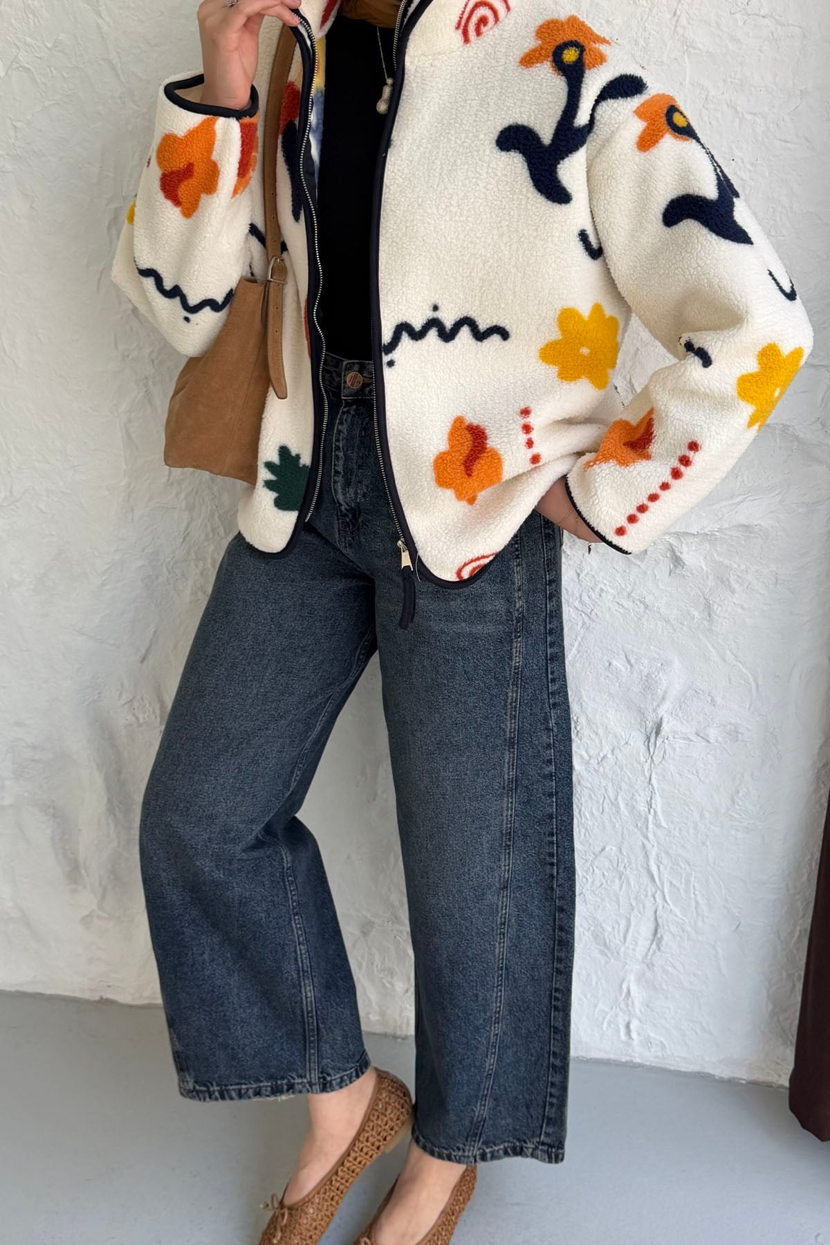Çiçek Desenli Fermuarlı Peluş Polar Sweatshirt-EKRU