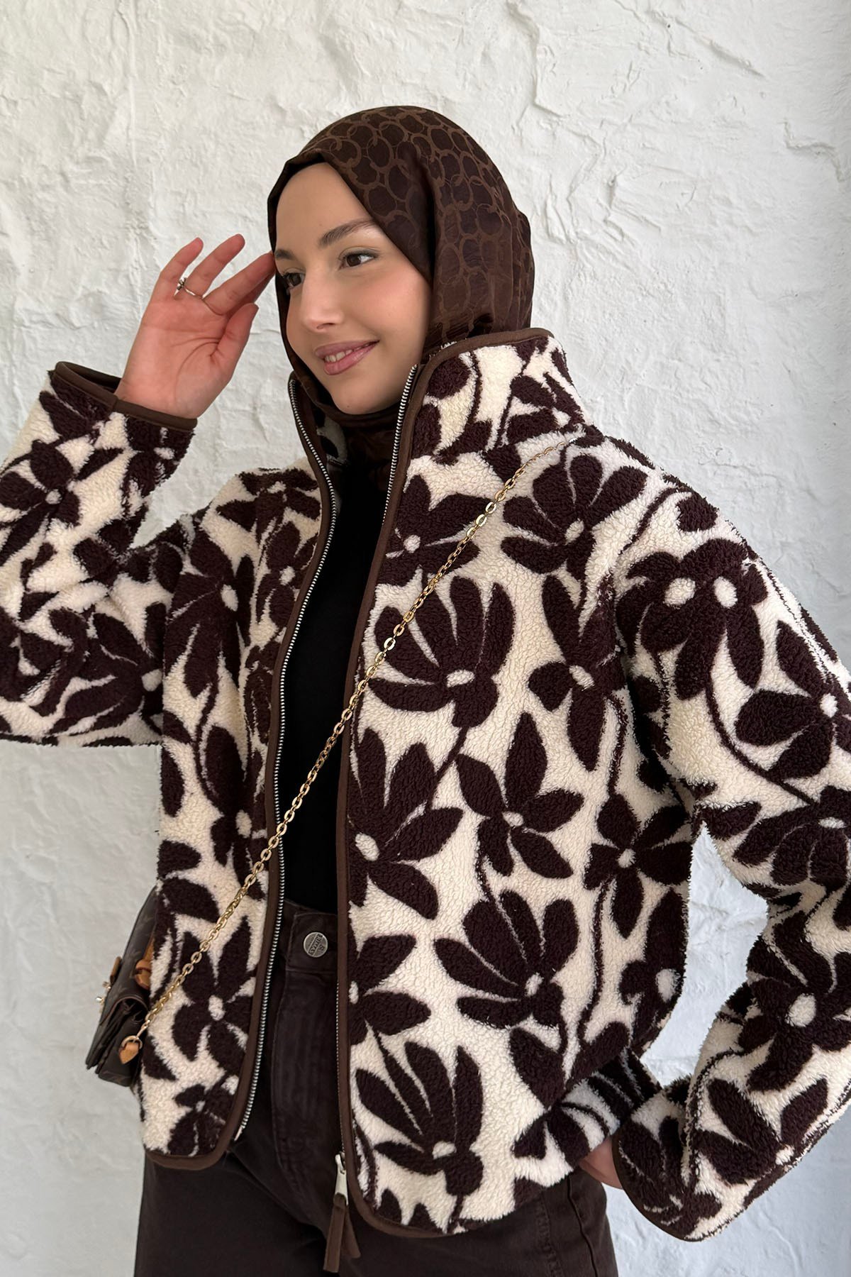 Çiçek Desenli Peluş Polar Sweatshirt-ACI KAHVE