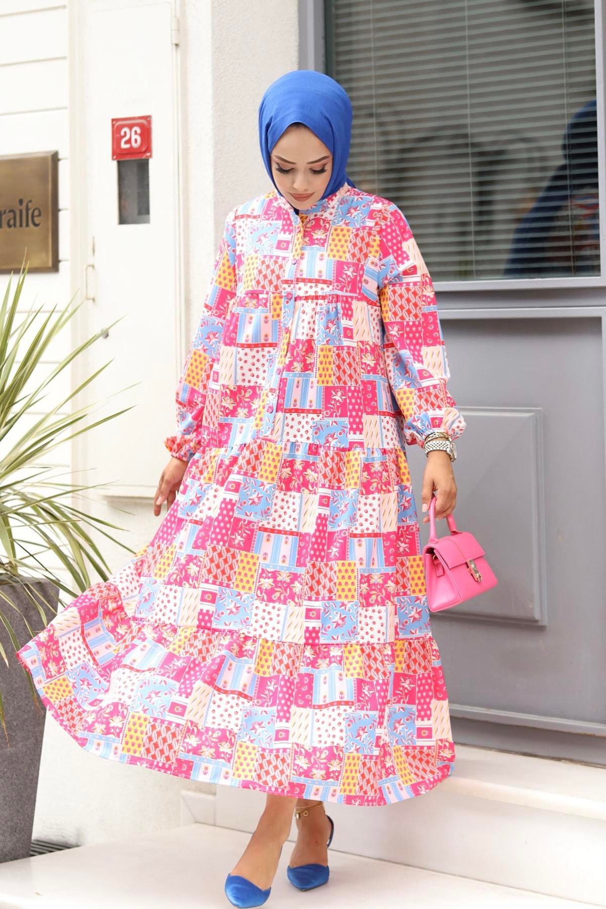 Çiçek Desenli Tesettür Elbise-PEMBE