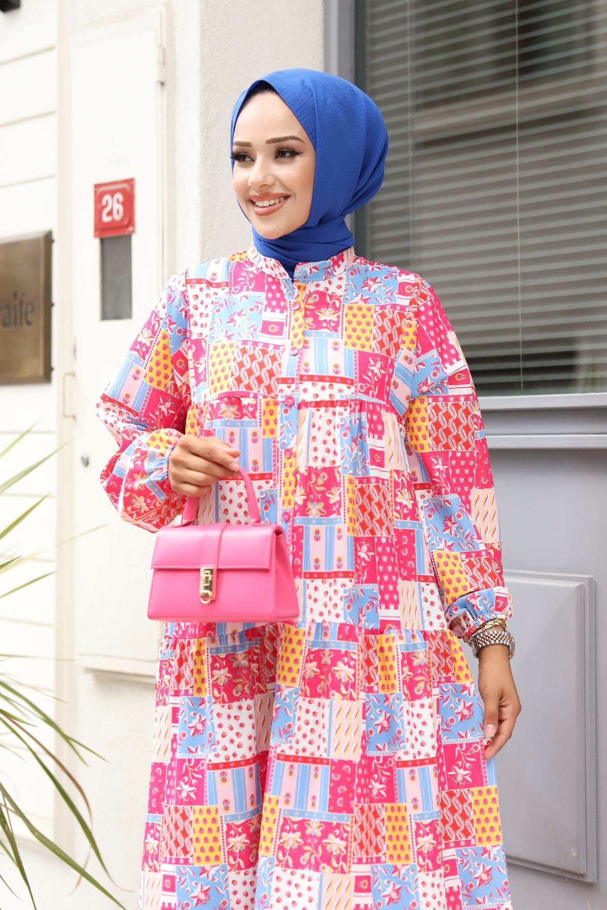 Çiçek Desenli Tesettür Elbise-PEMBE