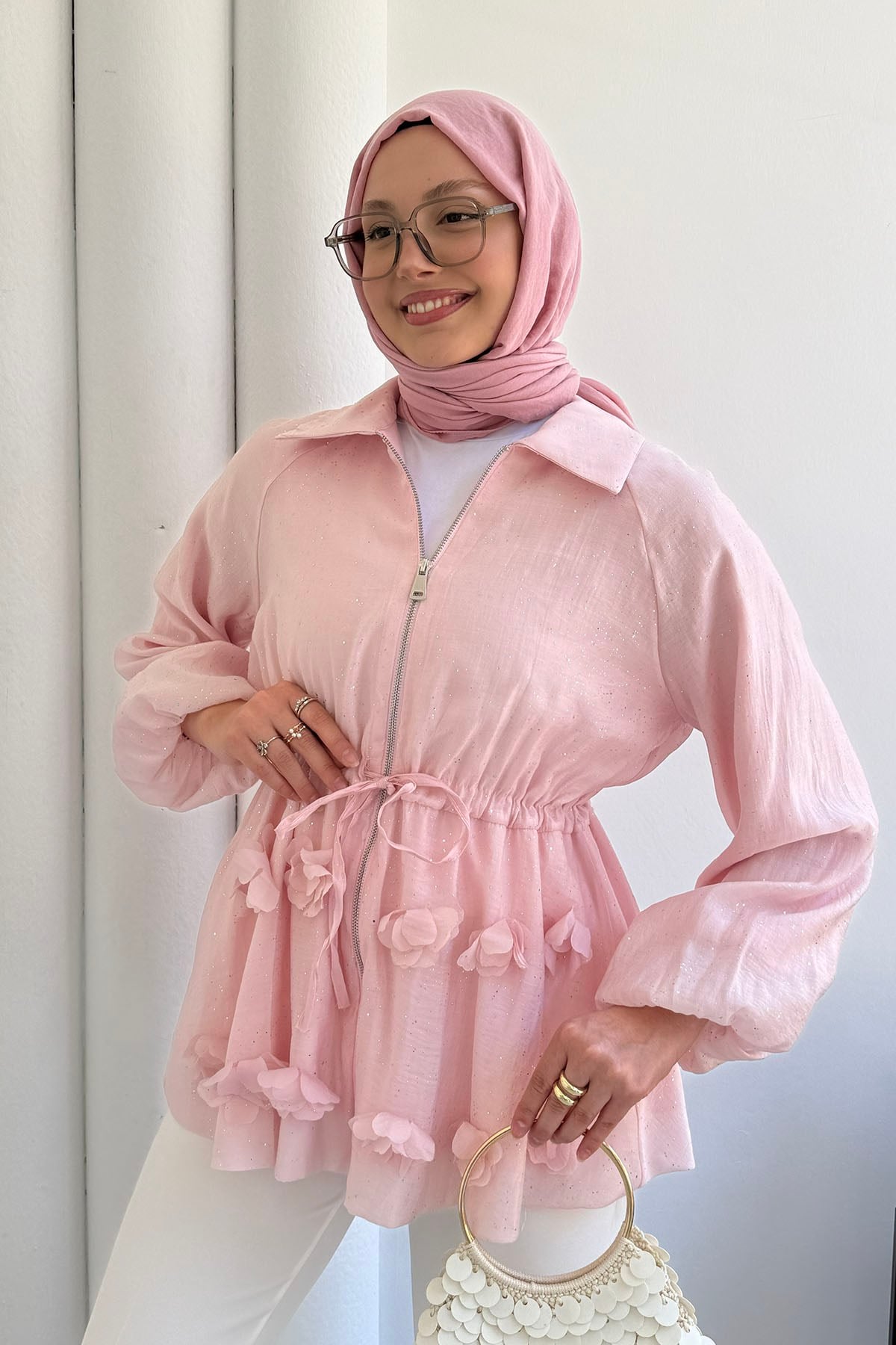 Çiçek Detaylı Simli Vual Kumaş Balon Kol Ceket-PEMBE