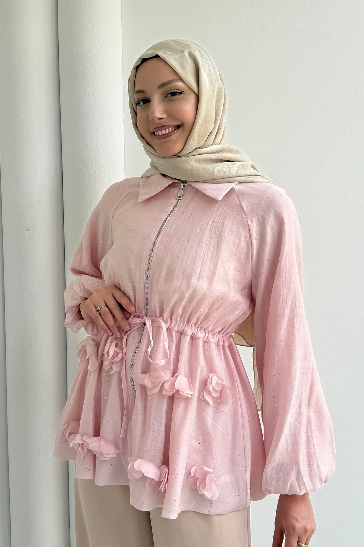 Çiçek Detaylı Simli Vual Kumaş Balon Kol Ceket-PEMBE