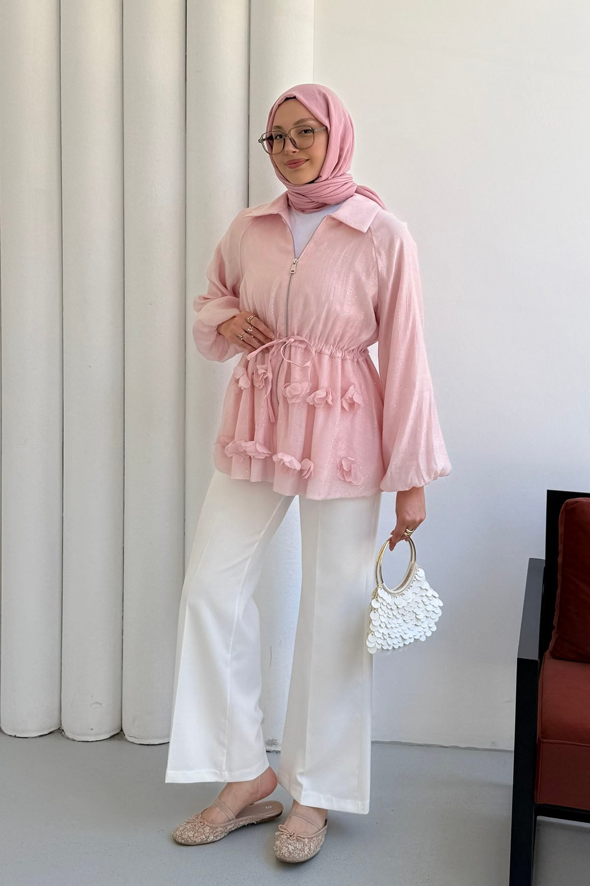 Çiçek Detaylı Simli Vual Kumaş Balon Kol Ceket-PEMBE