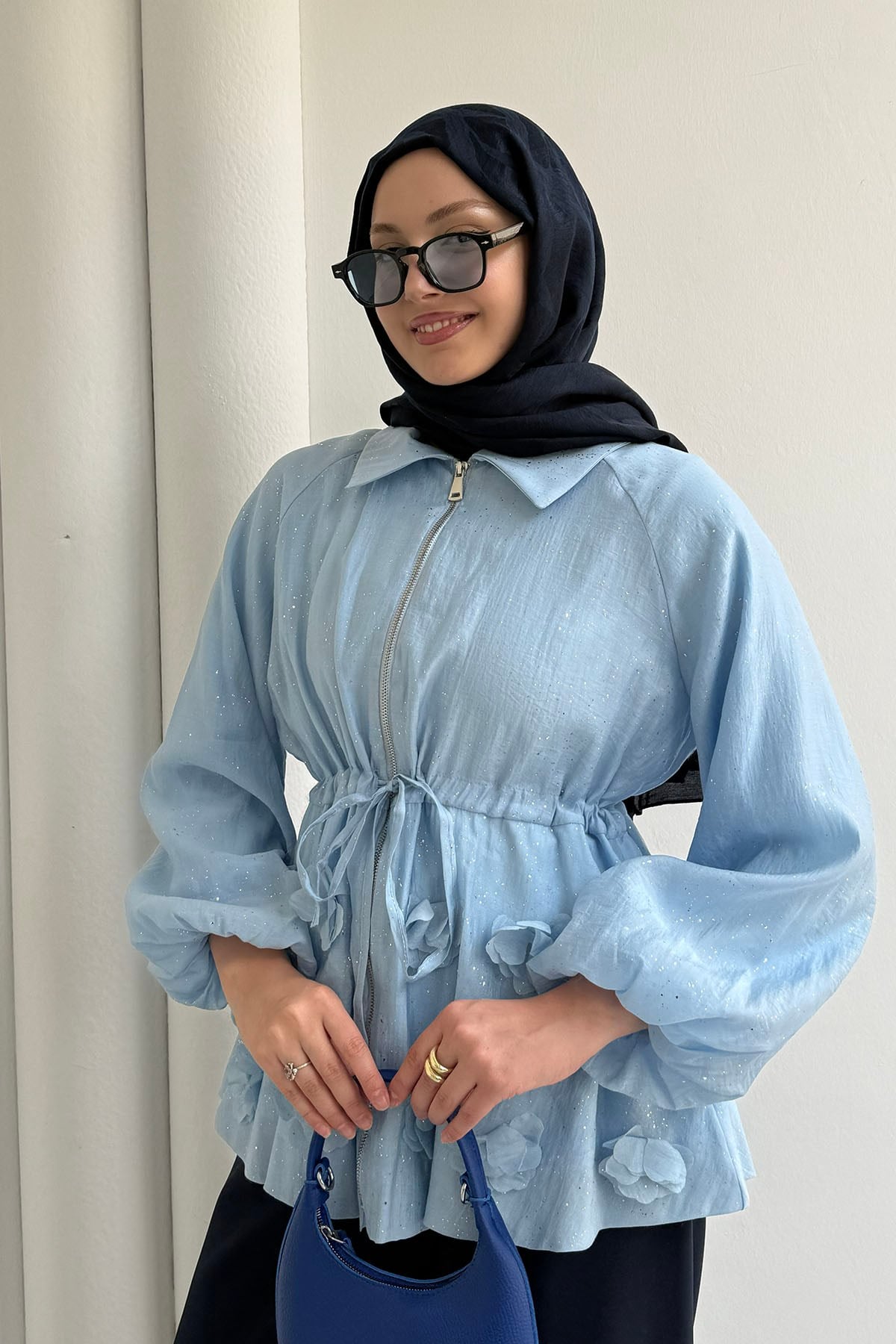 Çiçek Detaylı Simli Vual Kumaş Balon Kol Ceket-BEBE MAVİ