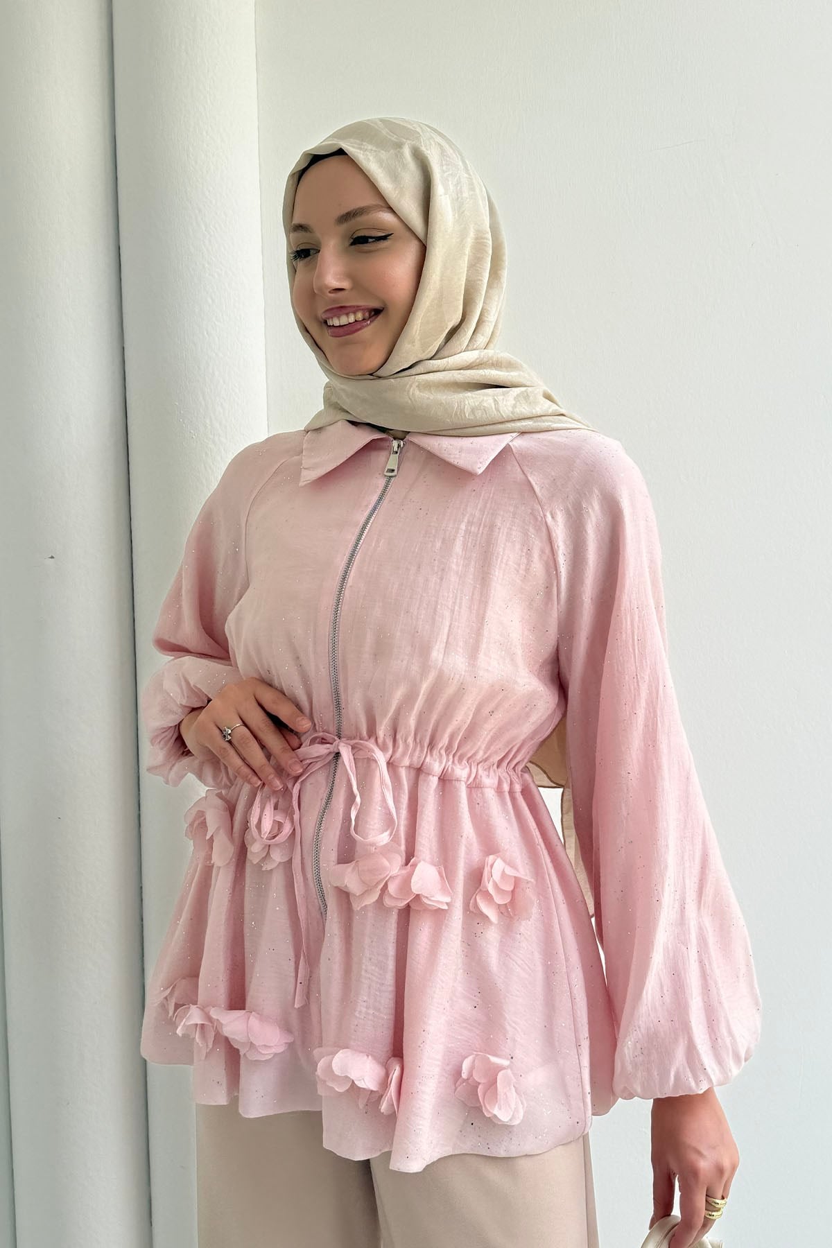 Çiçek Detaylı Simli Vual Kumaş Balon Kol Ceket-PEMBE