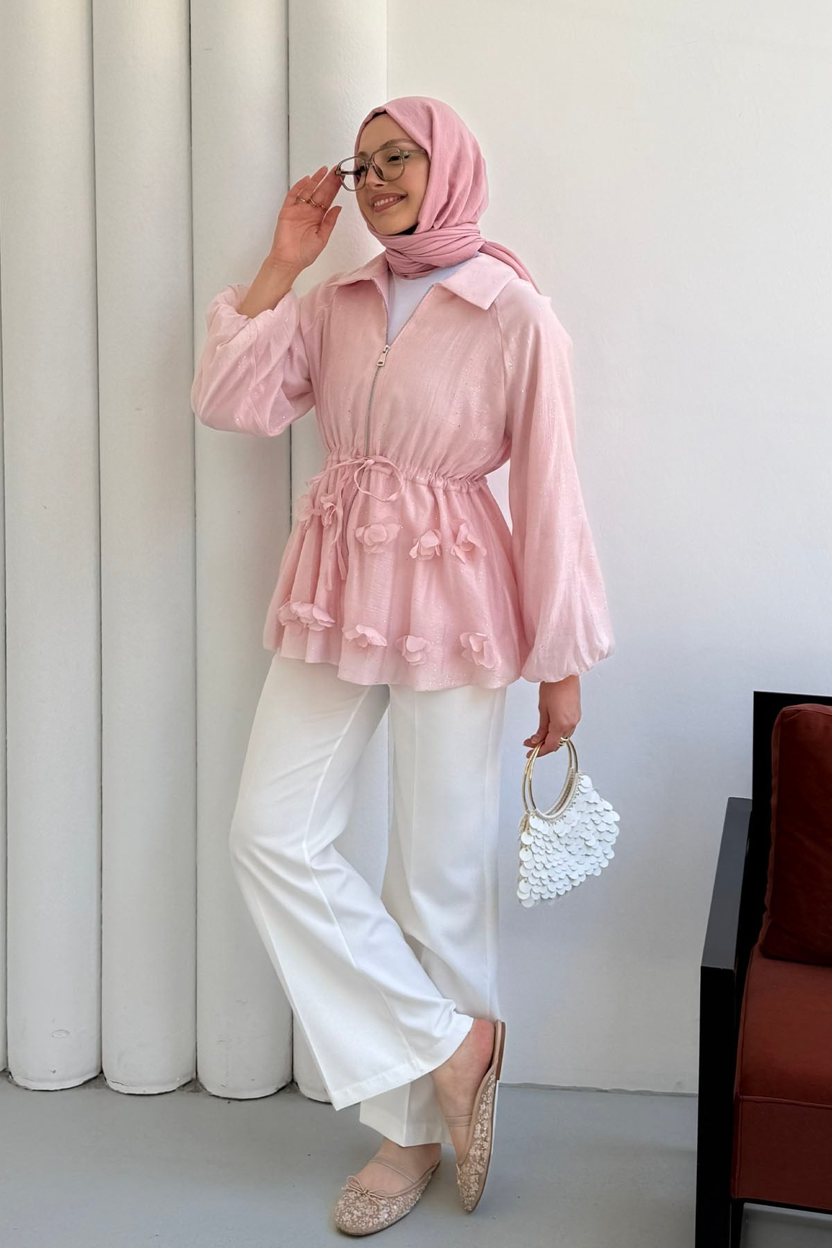 Çiçek Detaylı Simli Vual Kumaş Balon Kol Ceket-PEMBE