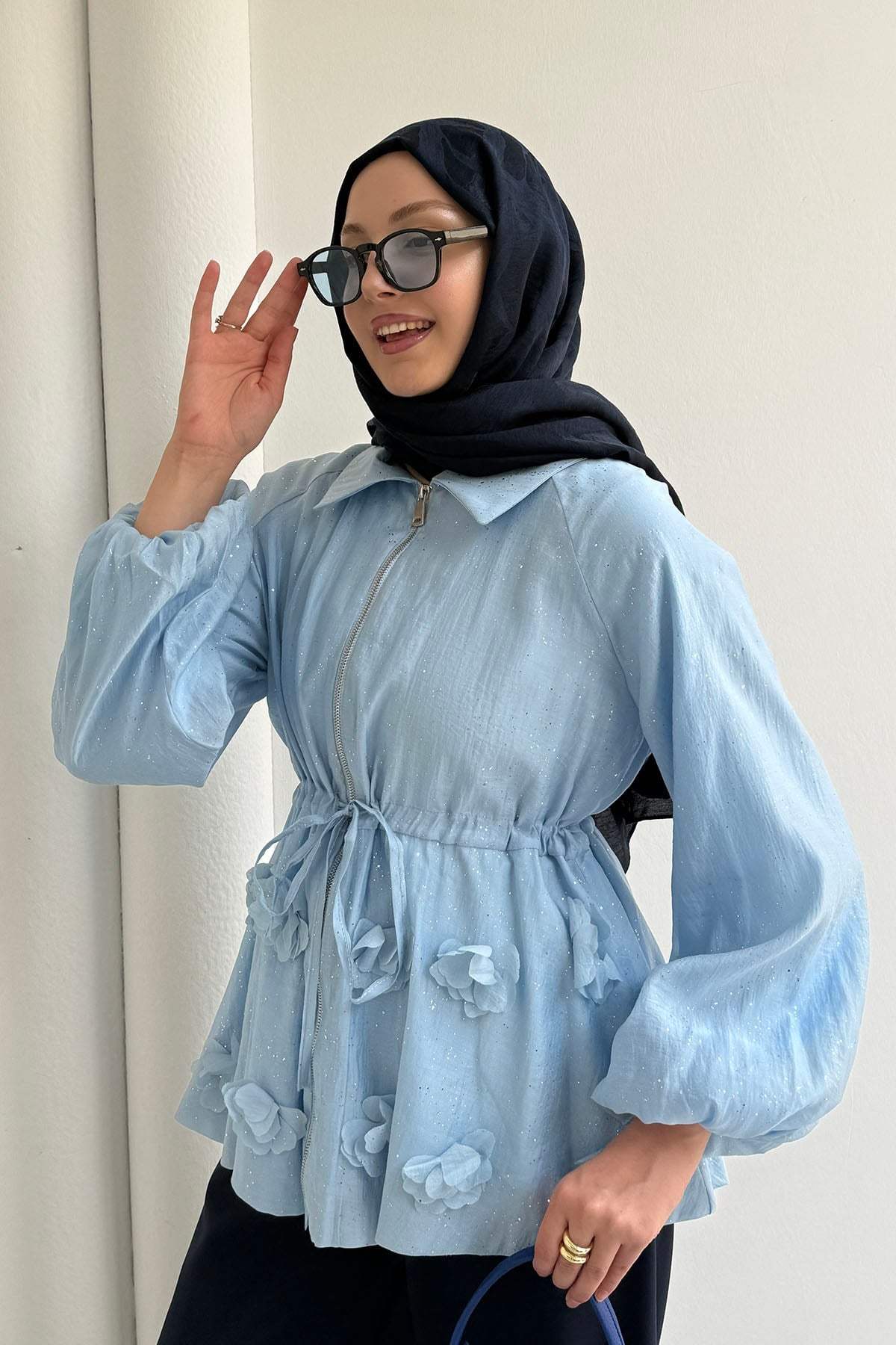 Çiçek Detaylı Simli Vual Kumaş Balon Kol Ceket-BEBE MAVİ