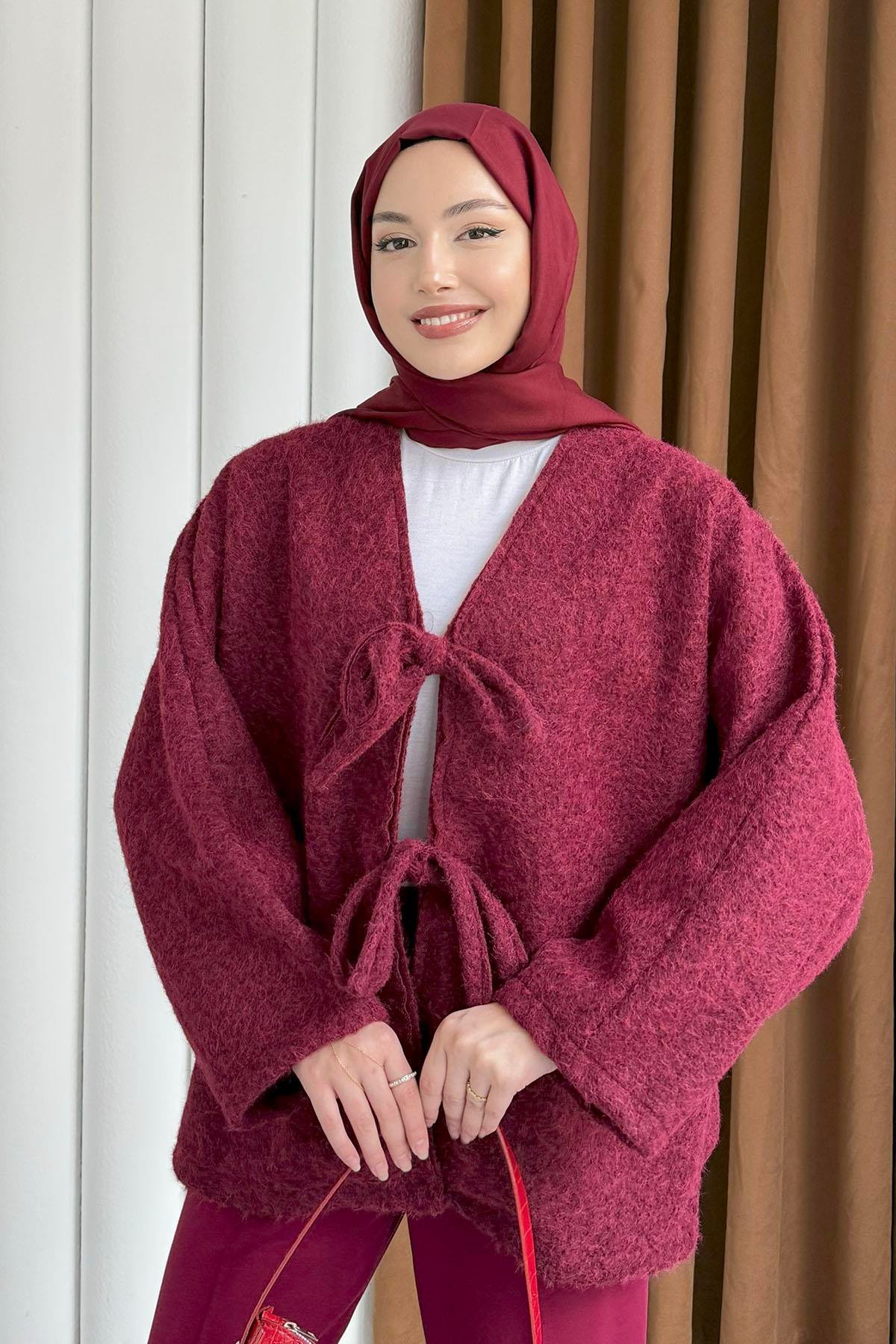 Çift Bağcık Detaylı Kırçıllı Kaşe Ceket-BORDO