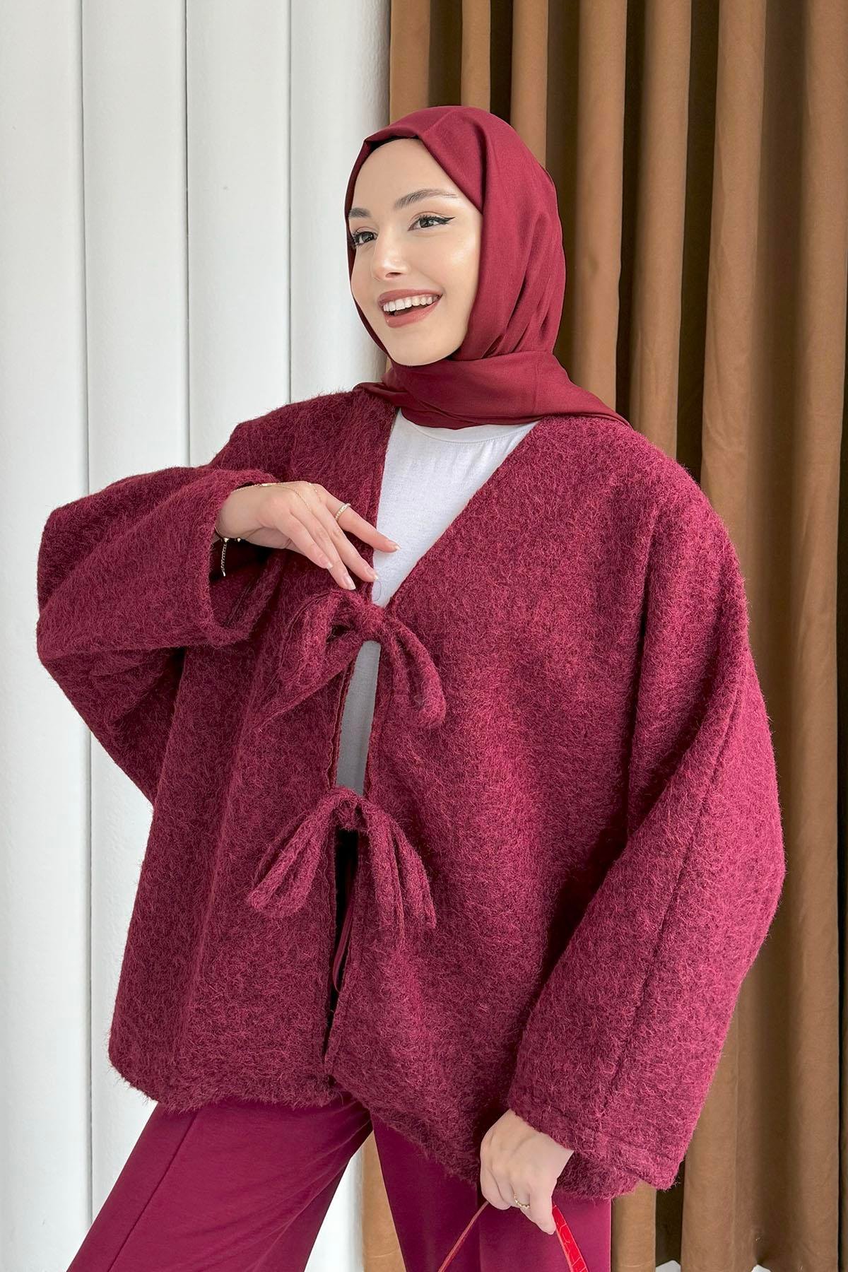Çift Bağcık Detaylı Kırçıllı Kaşe Ceket-BORDO