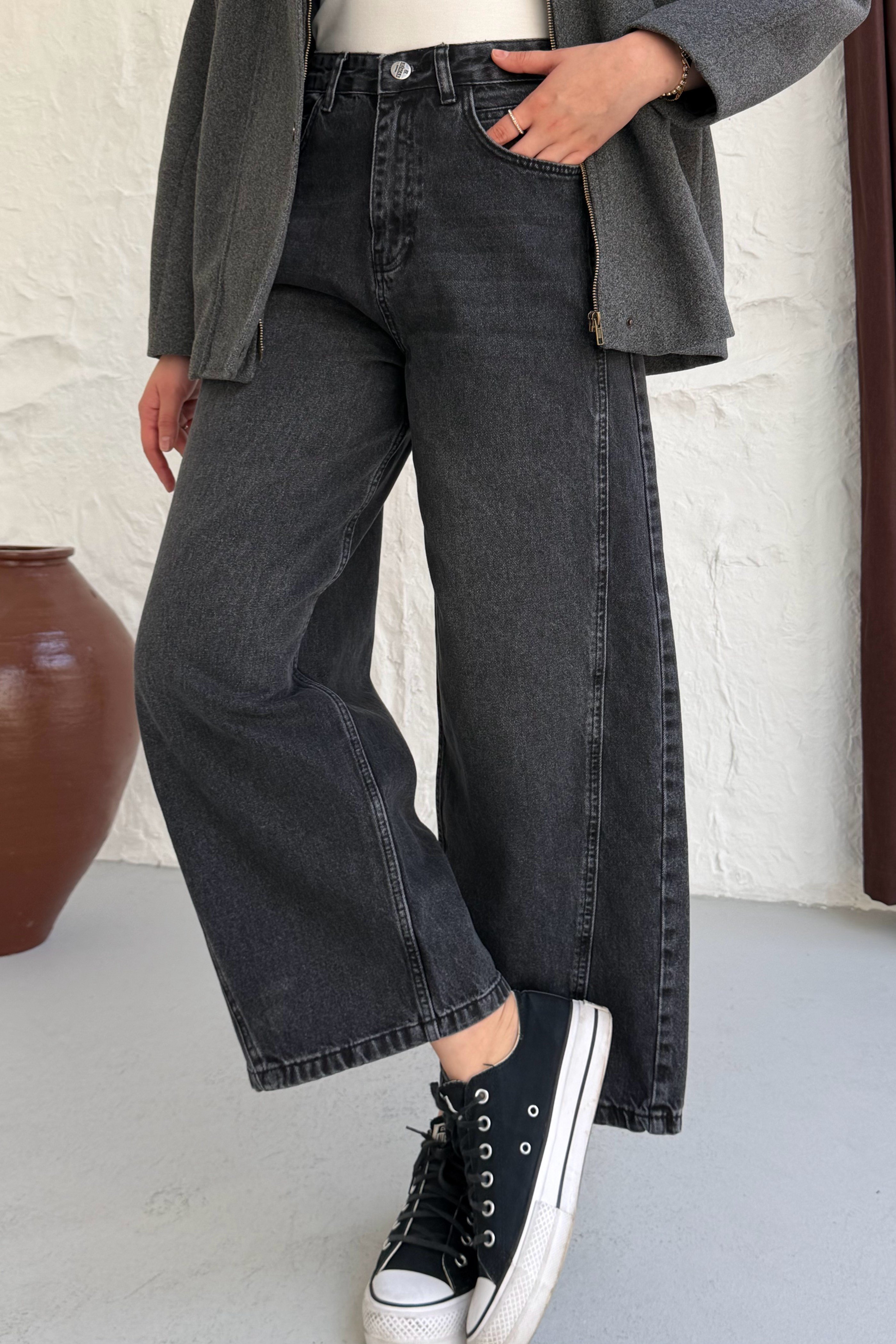Çift Dikiş Geçişli Barrel Jean Pantolon-SİYAH