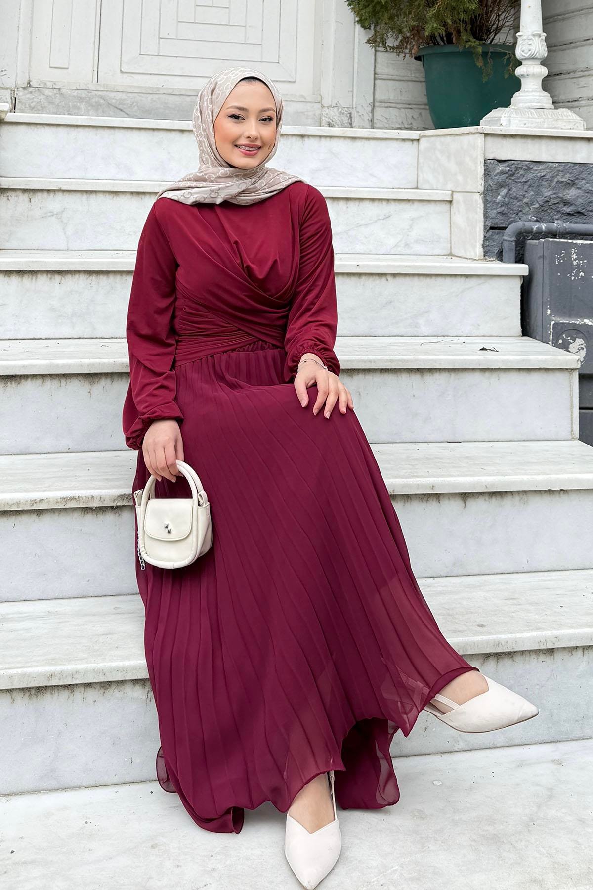 Çift Drapeli Bluz-BORDO