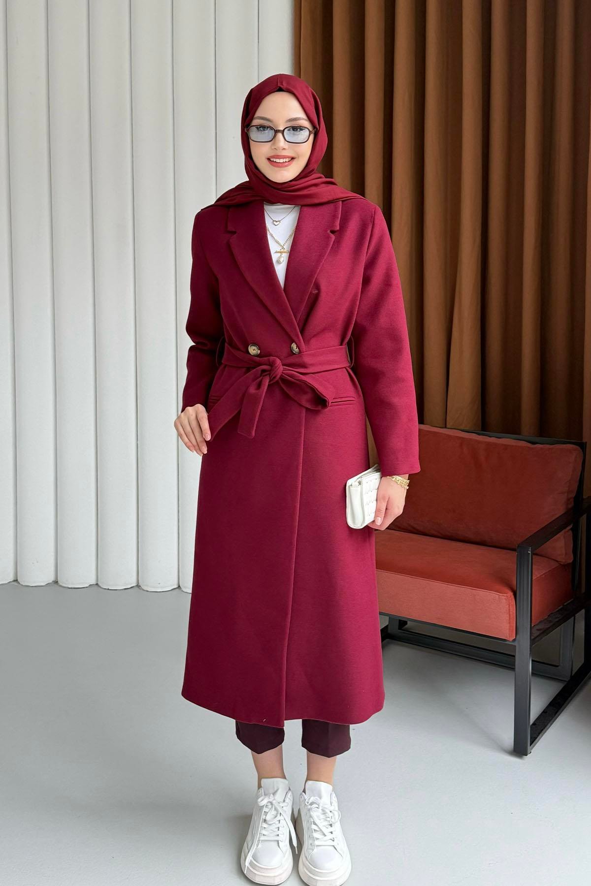 Çift Düğme Detaylı Kuşaklı Uzun Premium Kaşe Kaban-BORDO