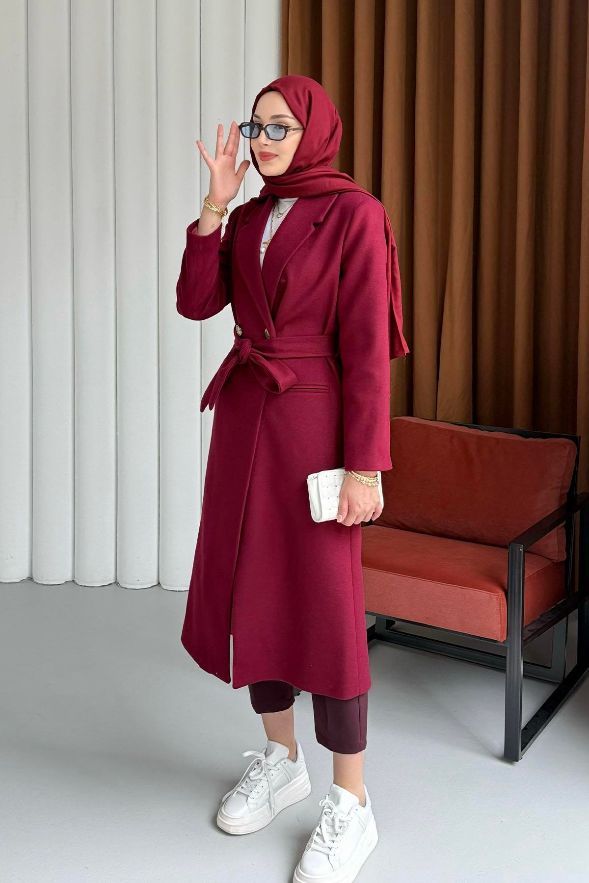Çift Düğme Detaylı Kuşaklı Uzun Premium Kaşe Kaban-BORDO
