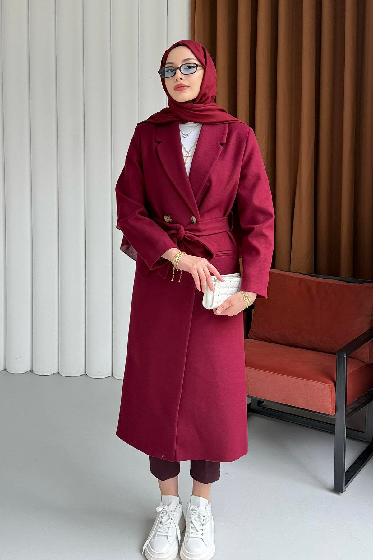Çift Düğme Detaylı Kuşaklı Uzun Premium Kaşe Kaban-BORDO