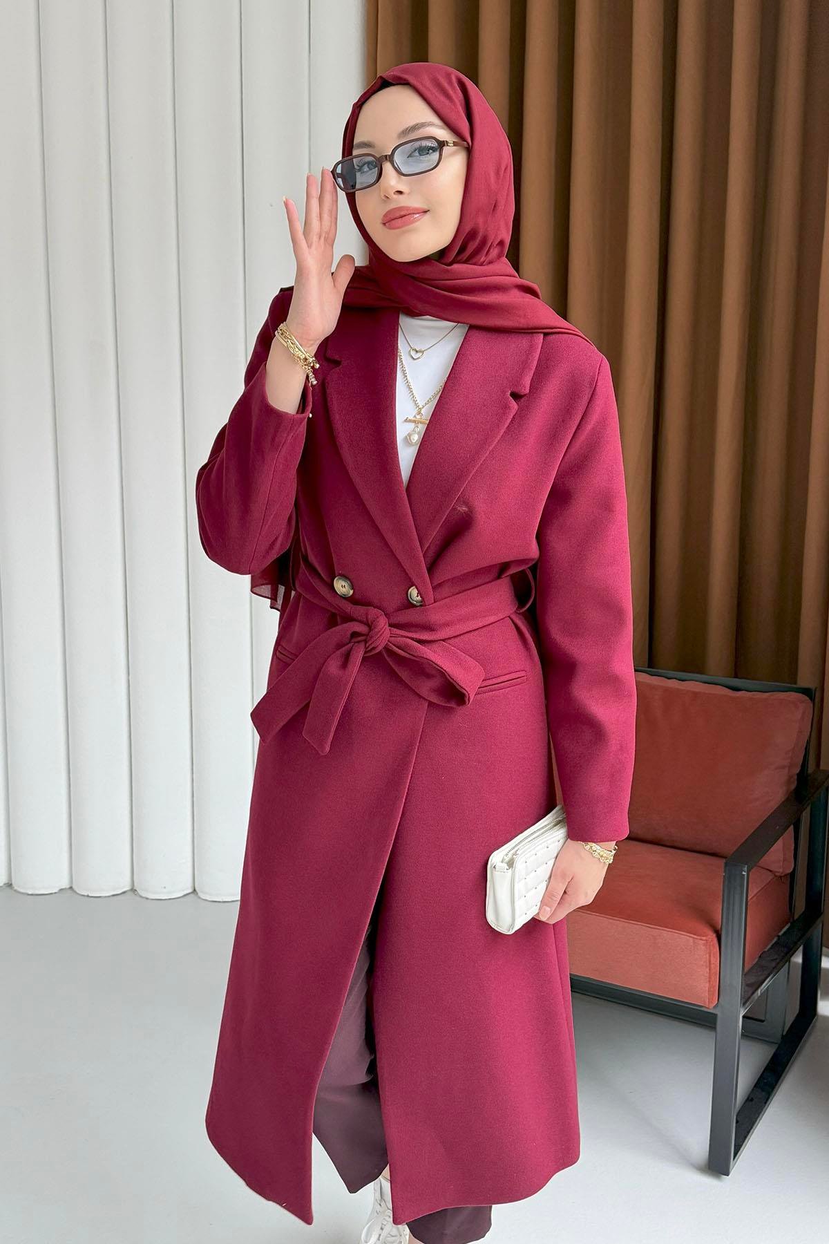 Çift Düğme Detaylı Kuşaklı Uzun Premium Kaşe Kaban-BORDO