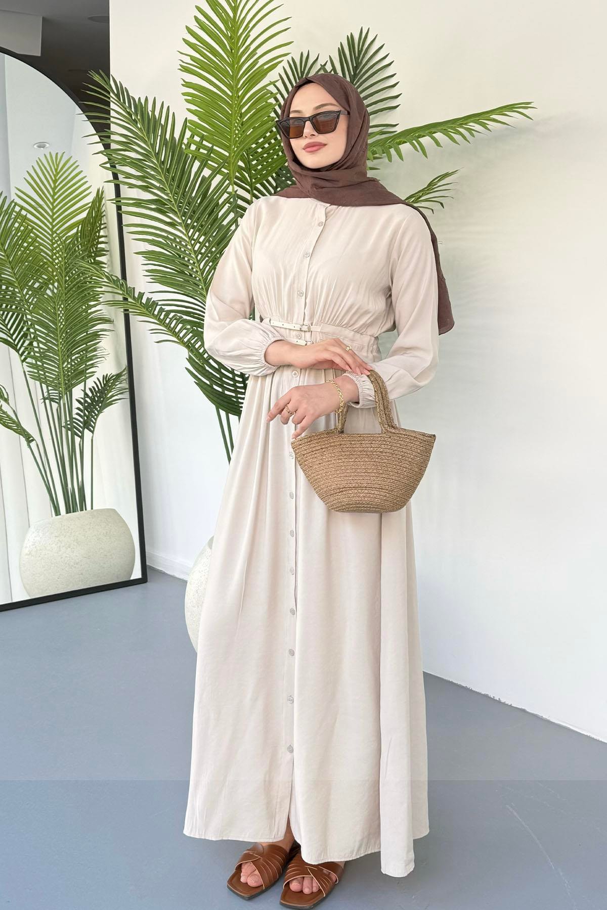 Çift Kemer Geçişli Boydan Düğmeli Tesettür Elbise-TAŞ