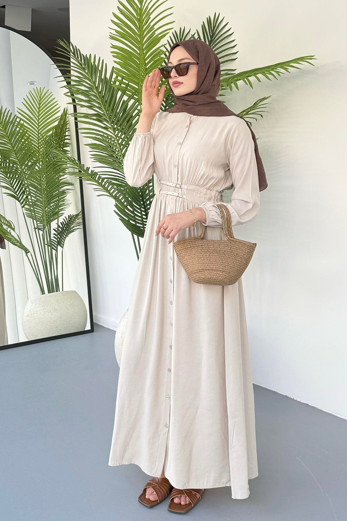 Çift Kemer Geçişli Boydan Düğmeli Tesettür Elbise-TAŞ