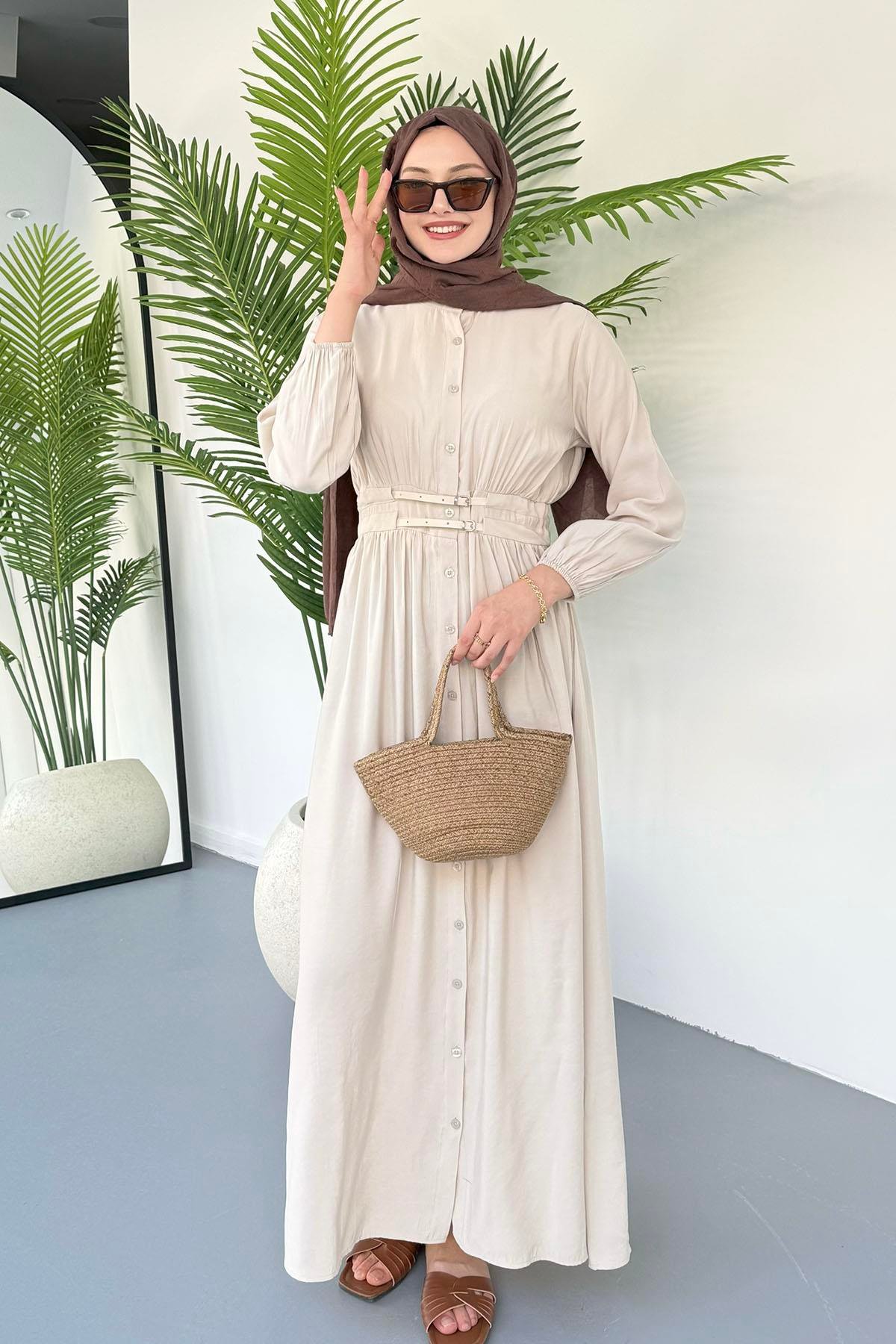 Çift Kemer Geçişli Boydan Düğmeli Tesettür Elbise-TAŞ