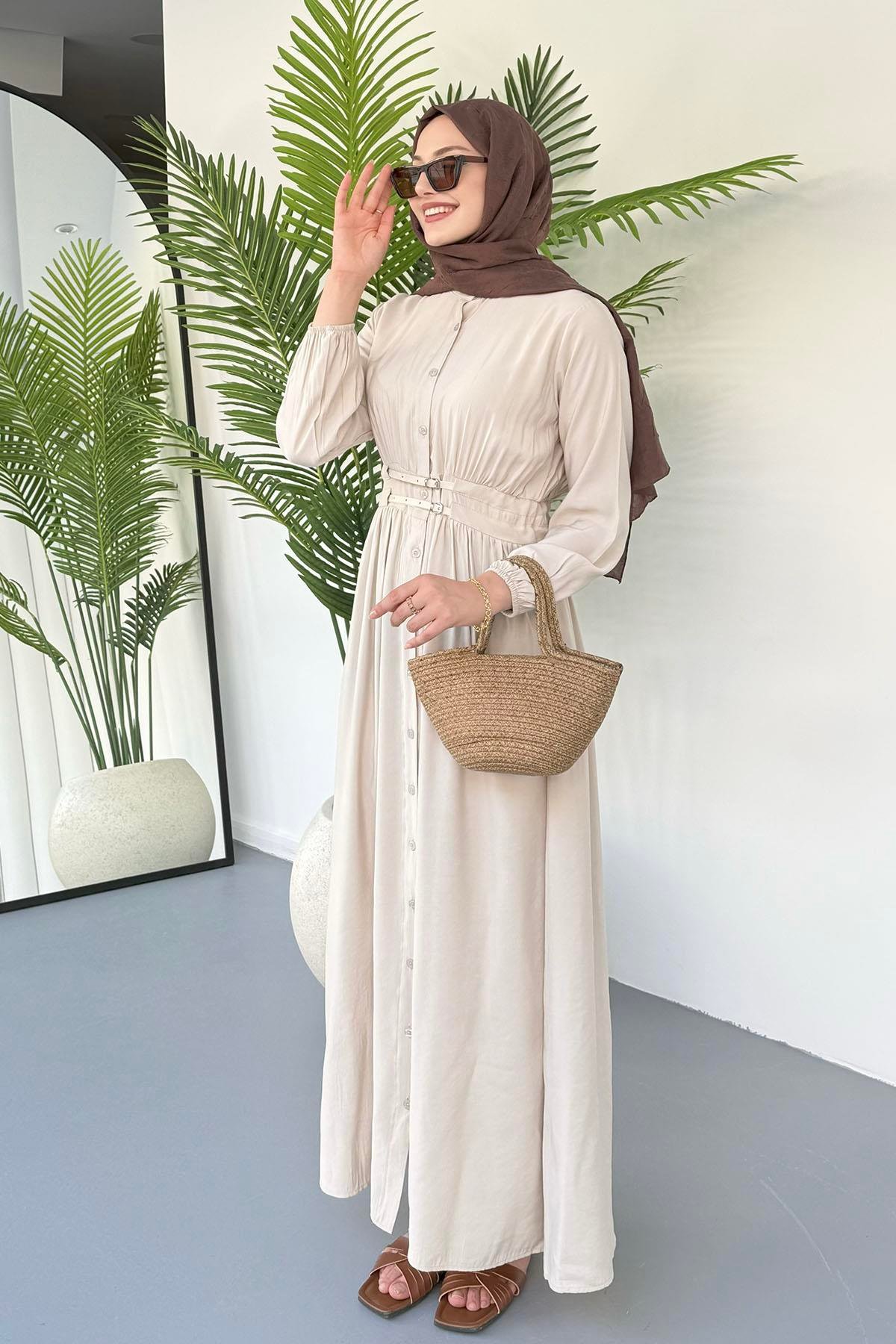 Çift Kemer Geçişli Boydan Düğmeli Tesettür Elbise-TAŞ