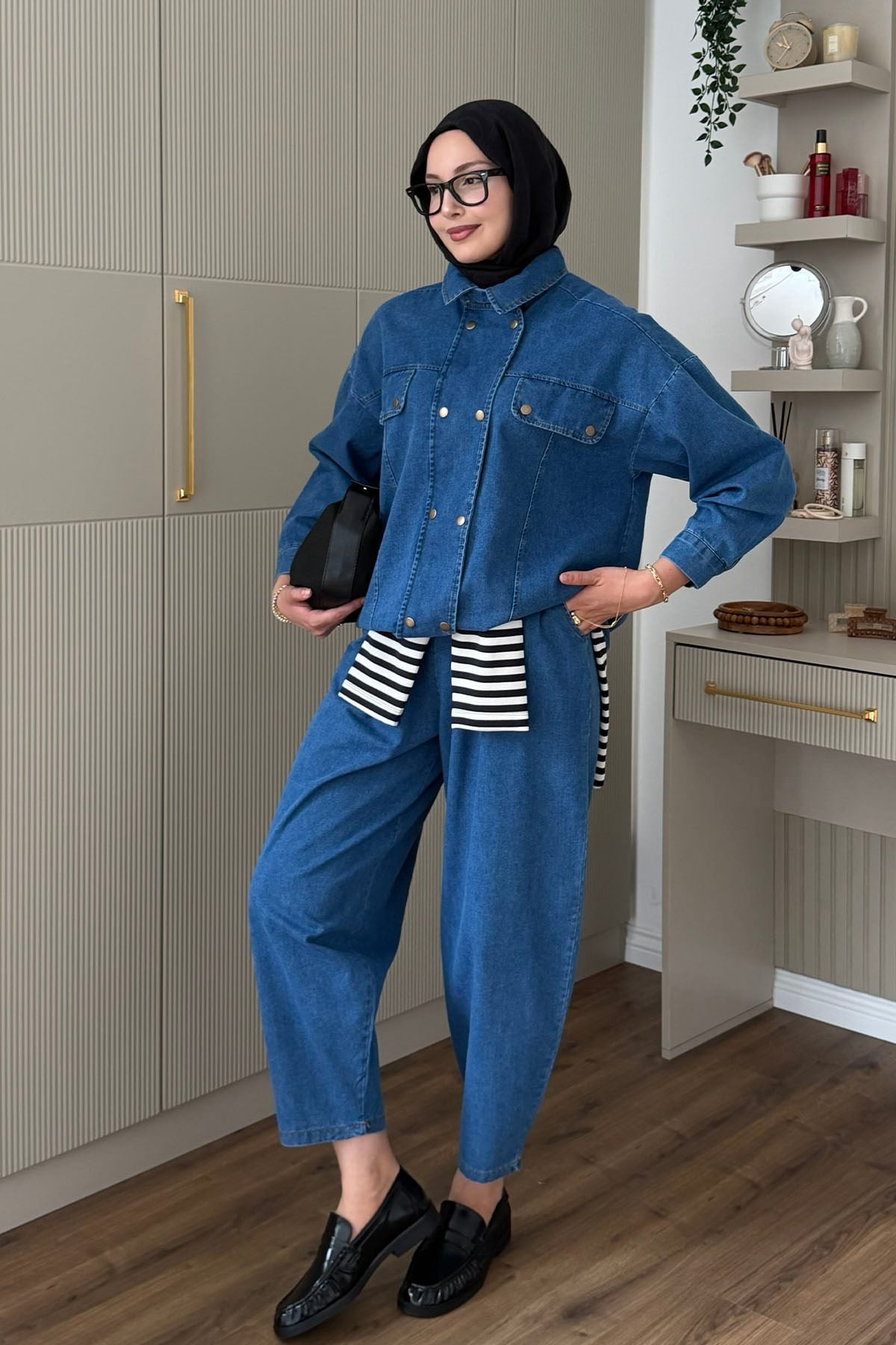 Çift Sıra Düğmeli Havuç Kesim Pantolonlu Denim Takım-AÇIK MAVİ