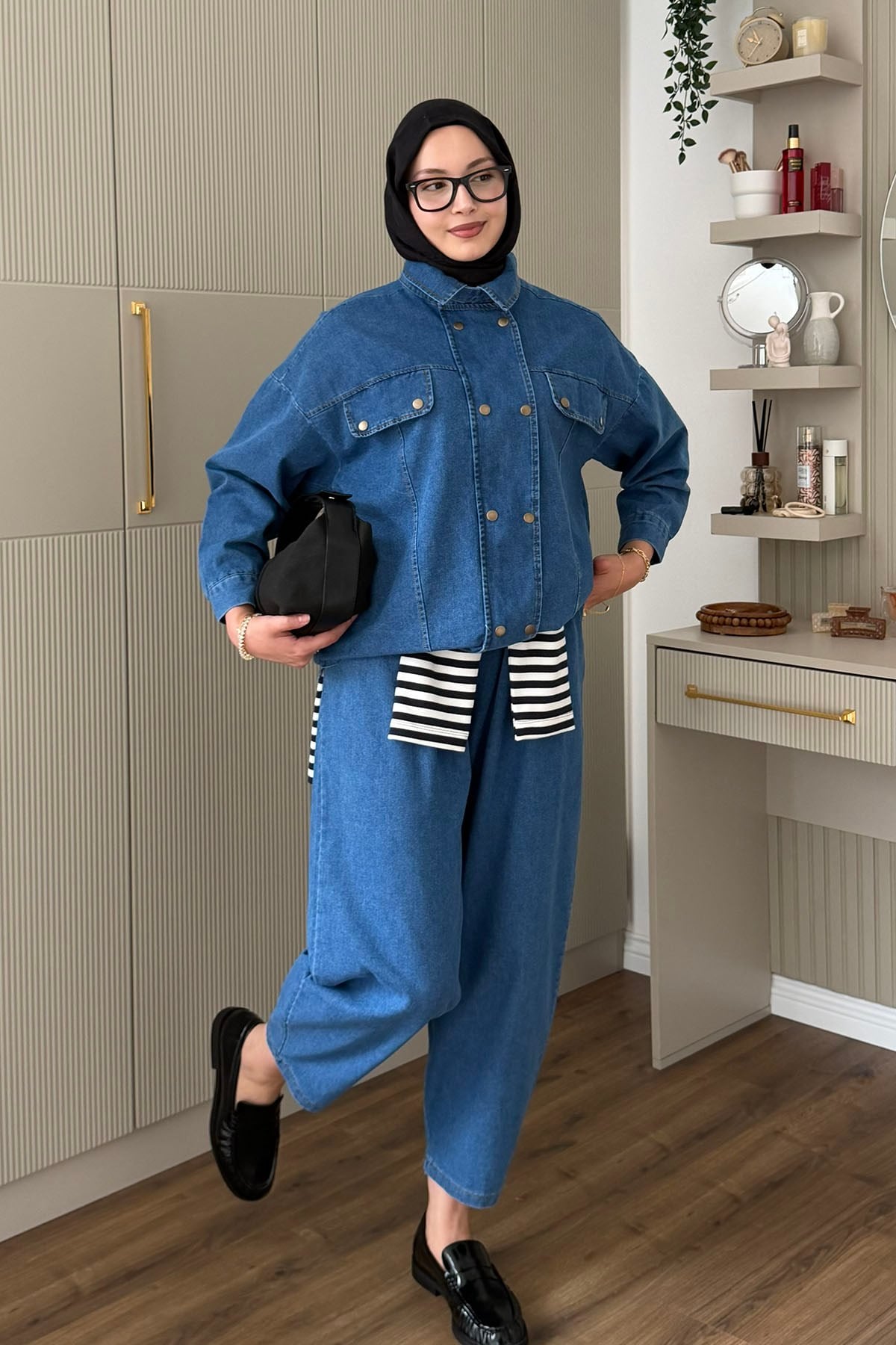 Çift Sıra Düğmeli Havuç Kesim Pantolonlu Denim Takım-AÇIK MAVİ