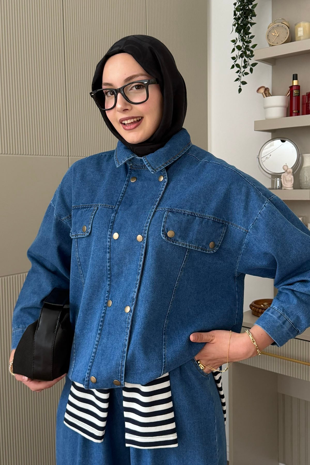 Çift Sıra Düğmeli Havuç Kesim Pantolonlu Denim Takım-AÇIK MAVİ