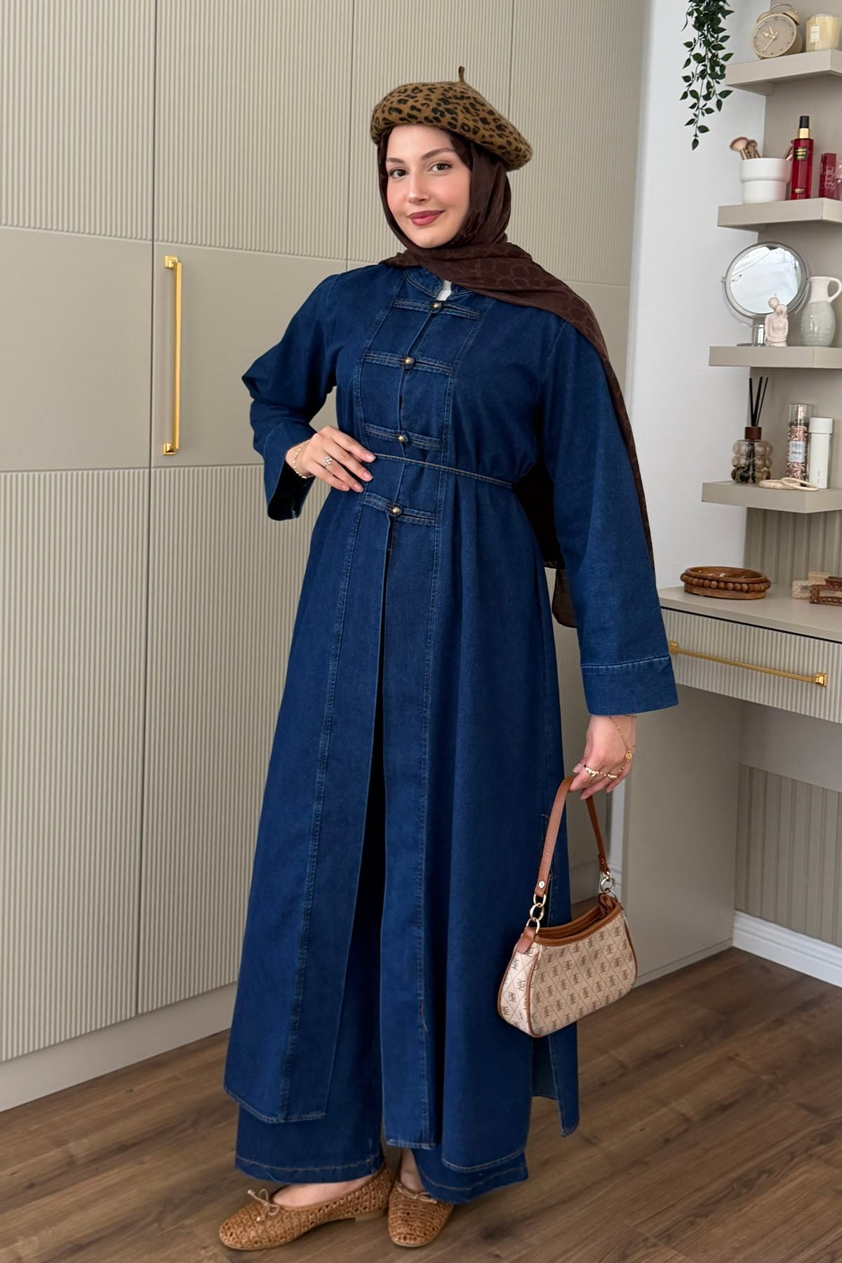 Çin Düğme Detaylı Uzun Denim Tunik Pantolon Tesettür Takım-KOYU MAVİ