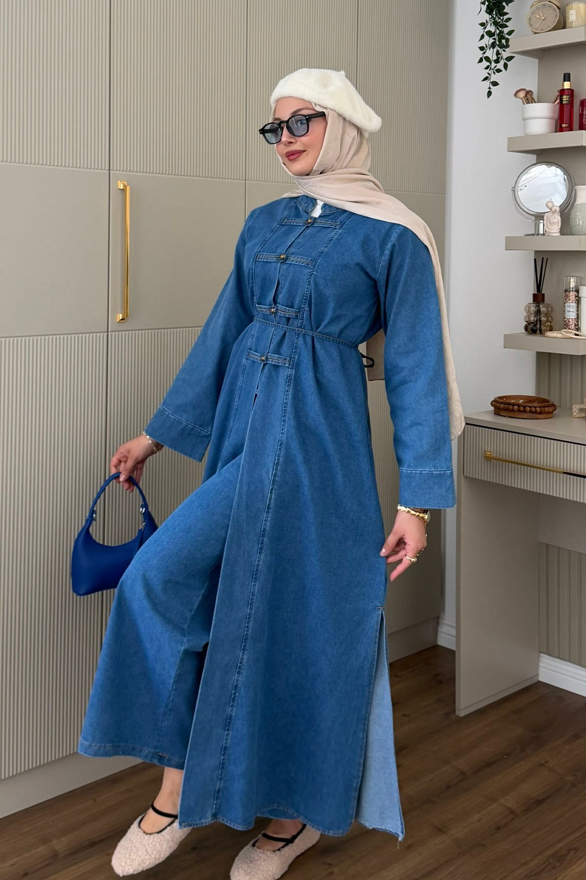 Çin Düğme Detaylı Uzun Denim Tunik Pantolon Tesettür Takım-AÇIK MAVİ