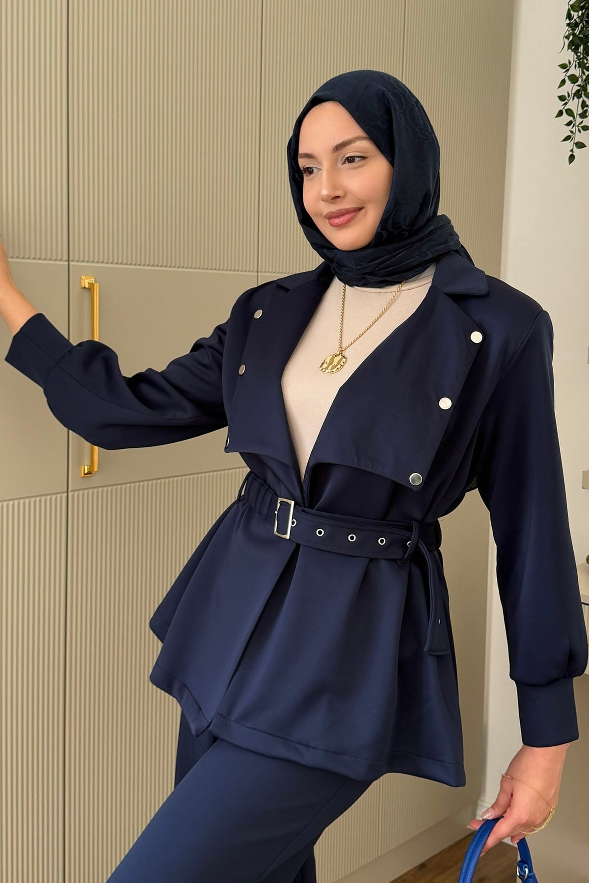 Çıtçıt Detaylı Ceket Palazzo Pantolon Tesettür Takım-LACİVERT