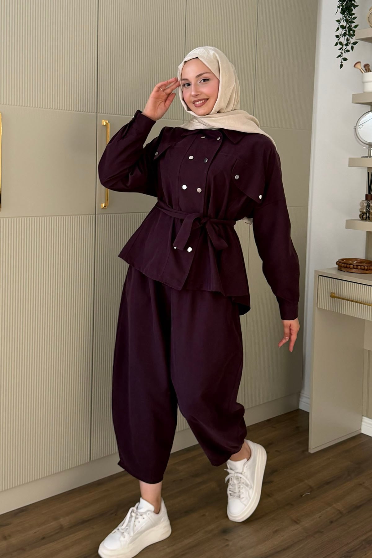 Çıtçıt Düğmeli Kuşaklı Tesettür Şalvar Pantolon Takım-VİŞNE RENGİ