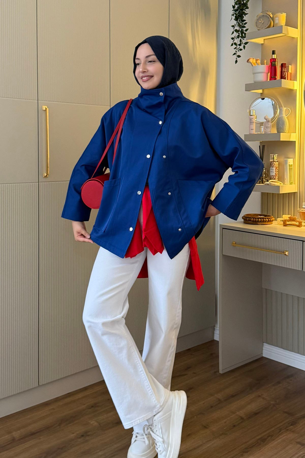 Çıtçıtlı Torba Cep Detaylı Trençkot-SAKS MAVİ