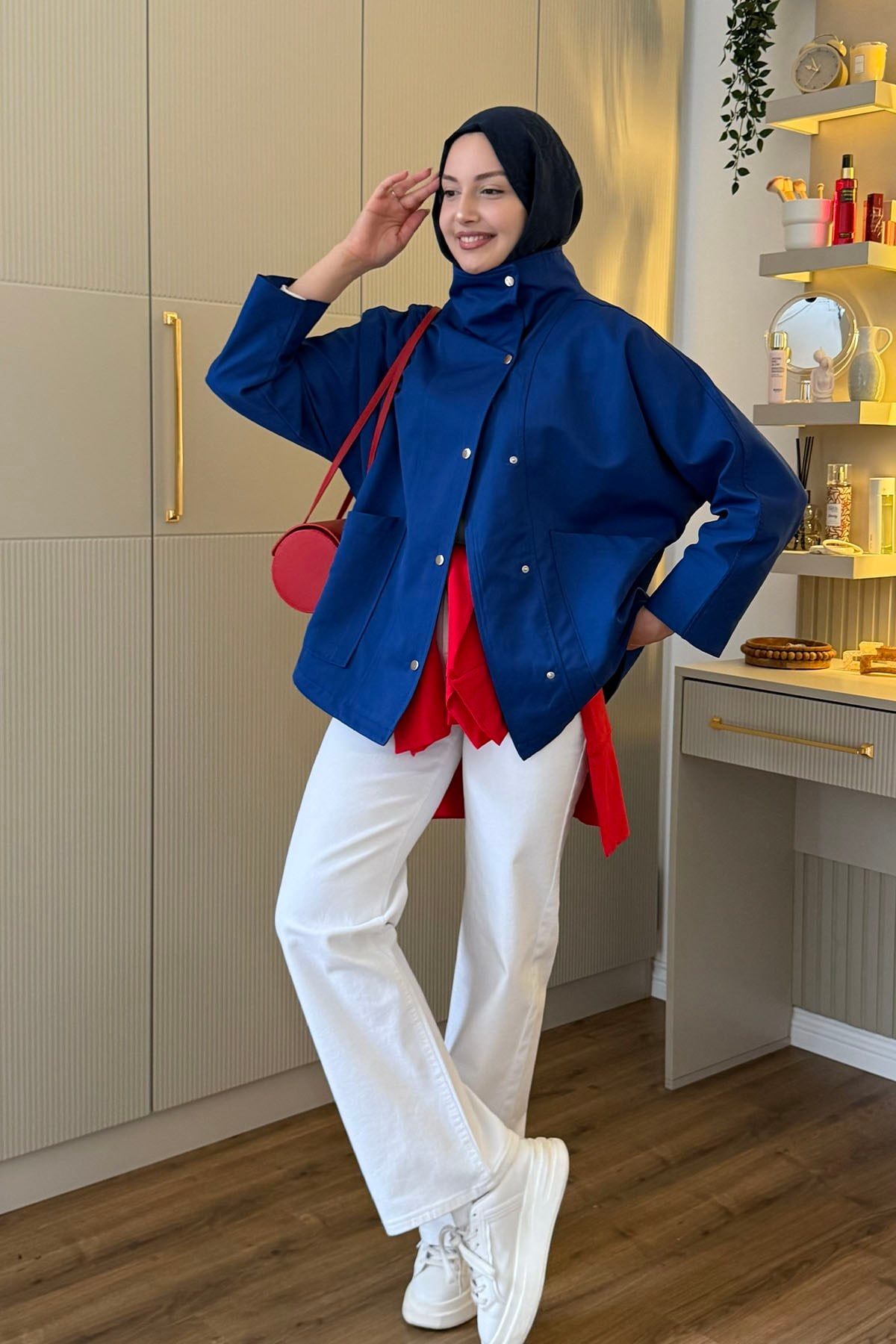 Çıtçıtlı Torba Cep Detaylı Trençkot-SAKS MAVİ