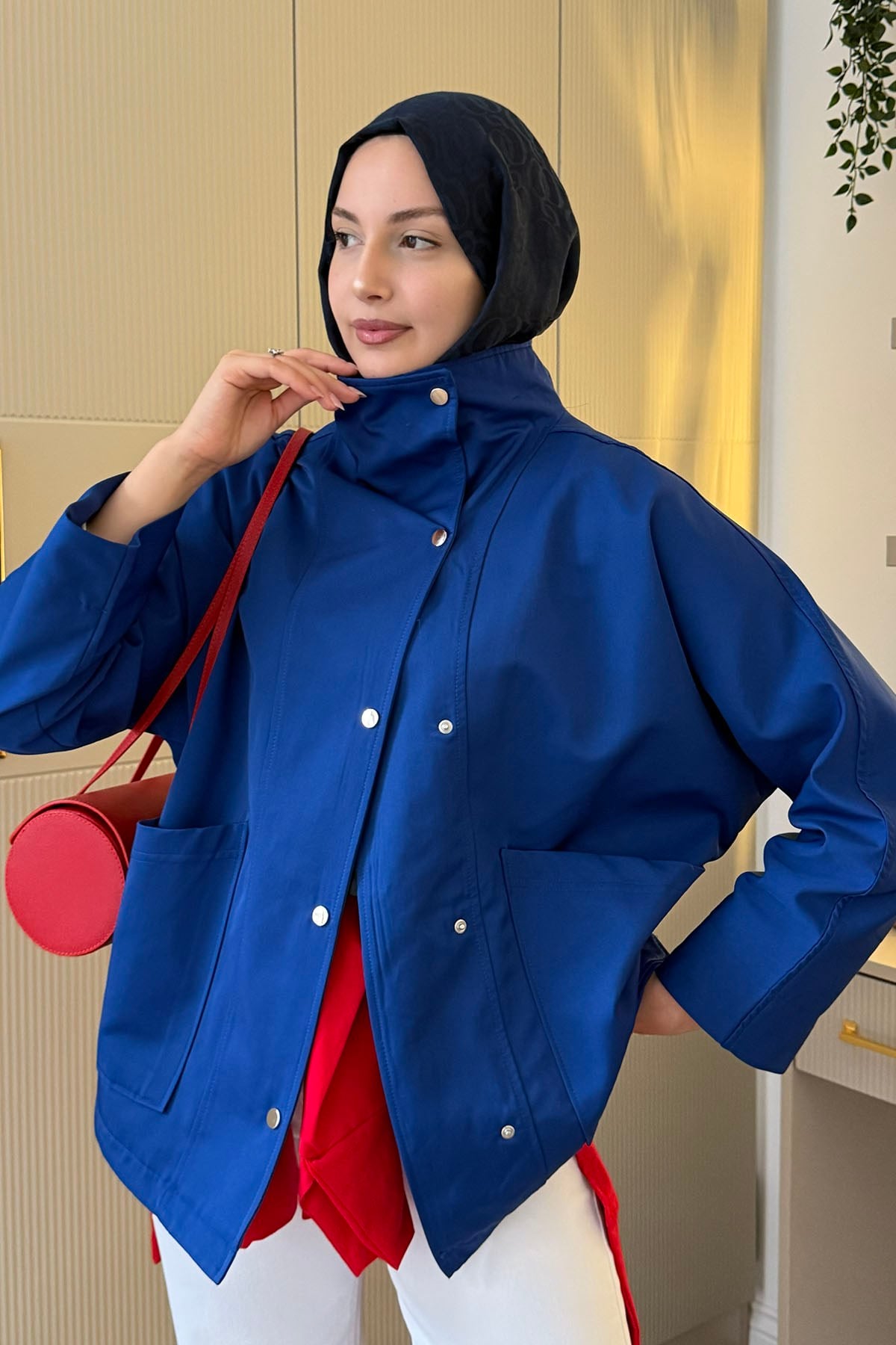 Çıtçıtlı Torba Cep Detaylı Trençkot-SAKS MAVİ