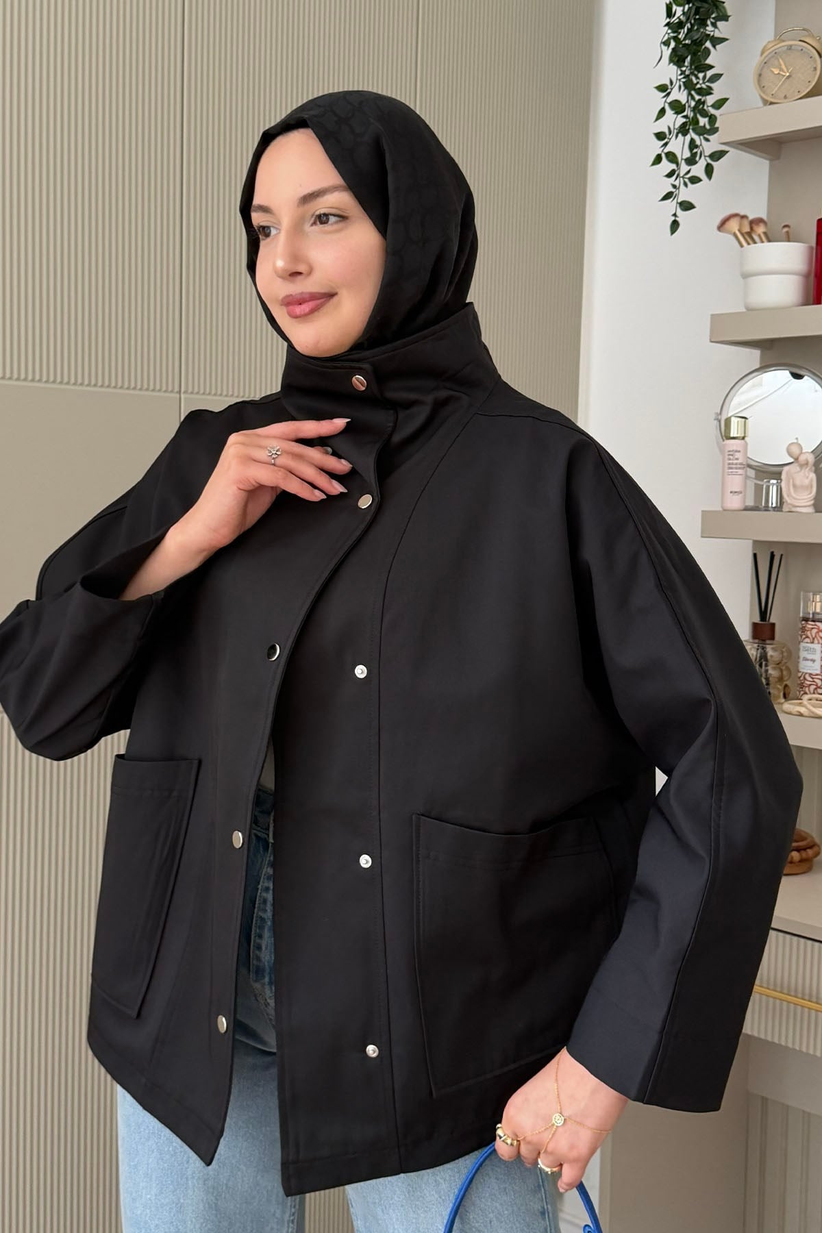 Çıtçıtlı Torba Cep Detaylı Trençkot-SİYAH