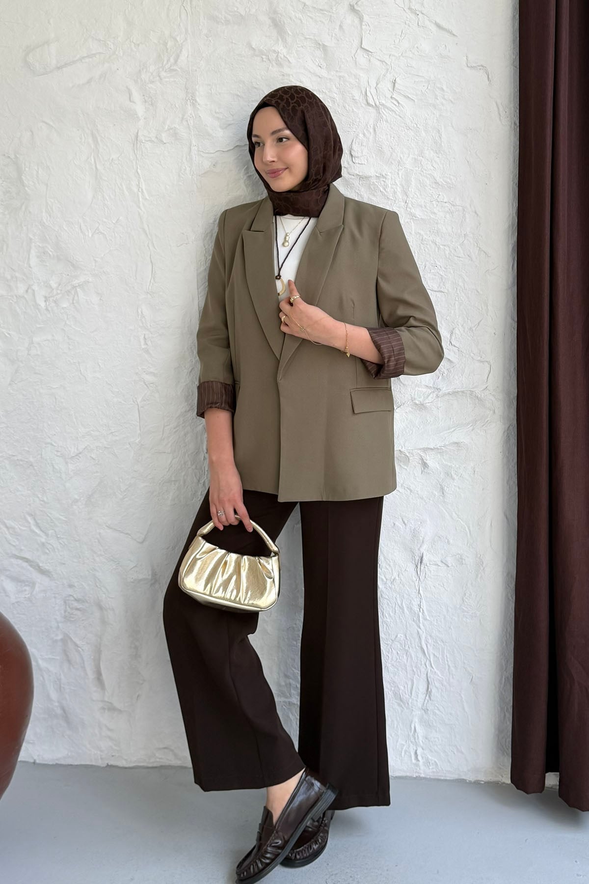 Çizgi Astarlı Düğmesiz Blazer Ceket-HAKİ YEŞİL
