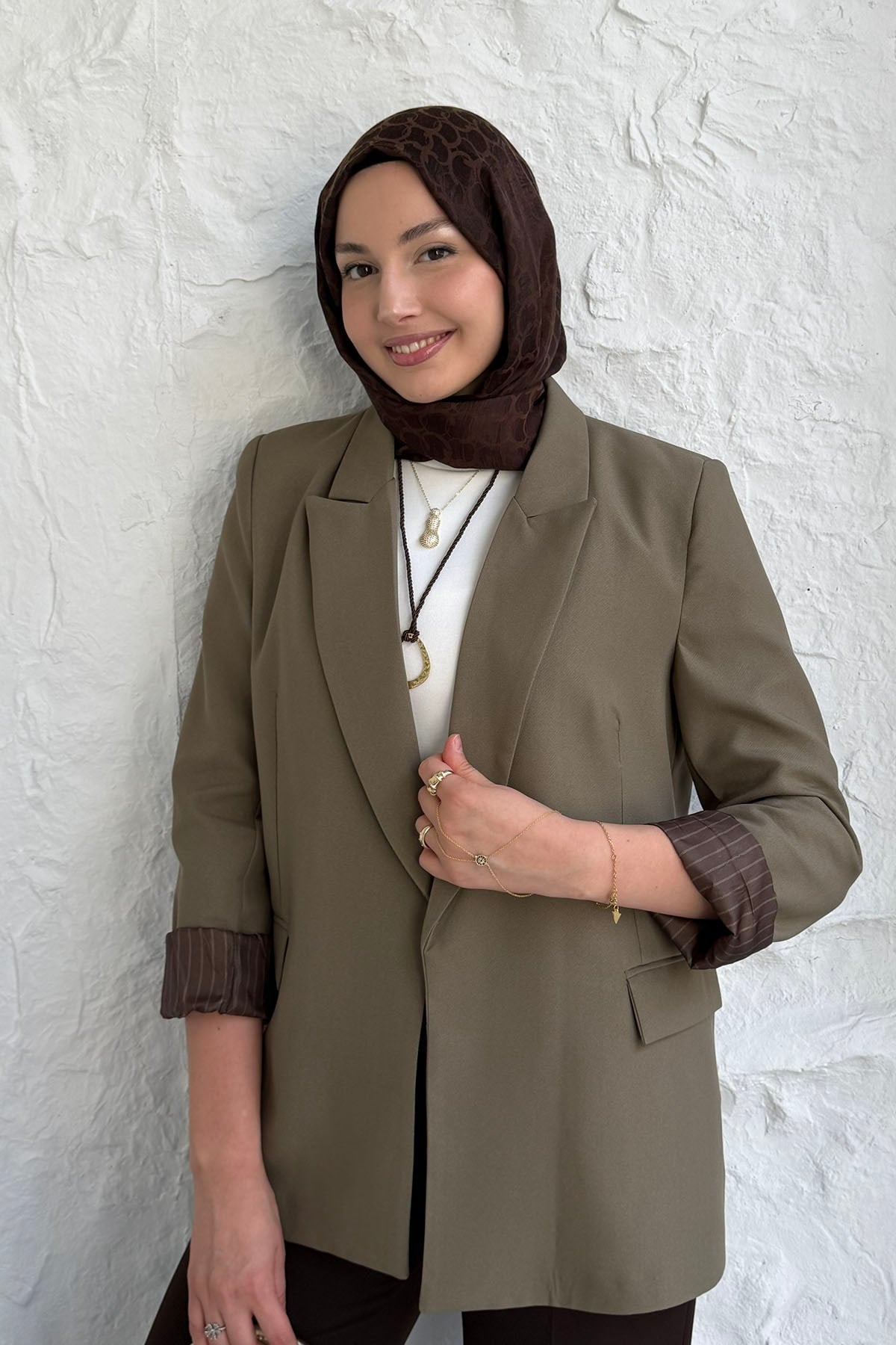 Çizgi Astarlı Düğmesiz Blazer Ceket-HAKİ YEŞİL