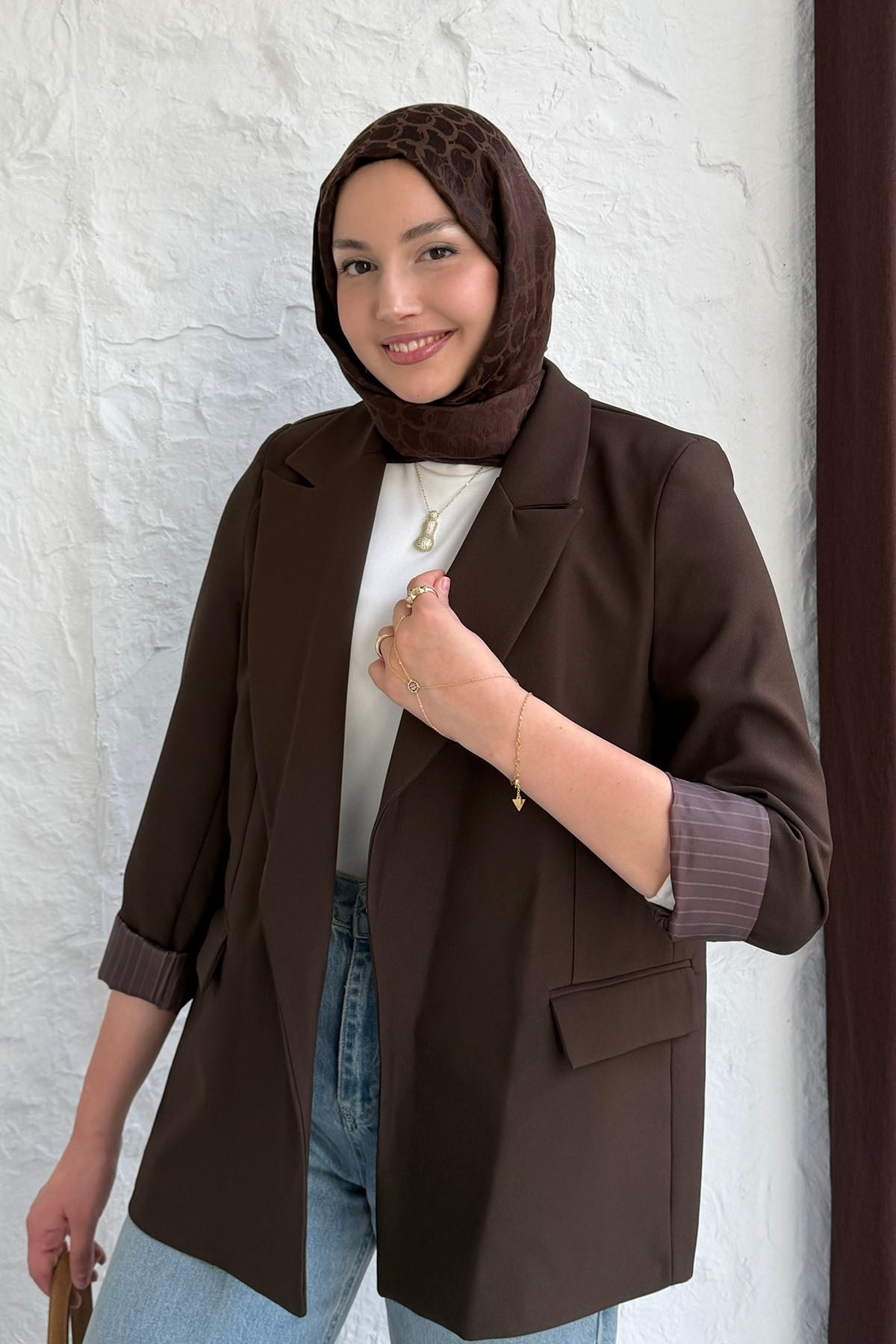 Çizgi Astarlı Düğmesiz Blazer Ceket-KAHVERENGİ