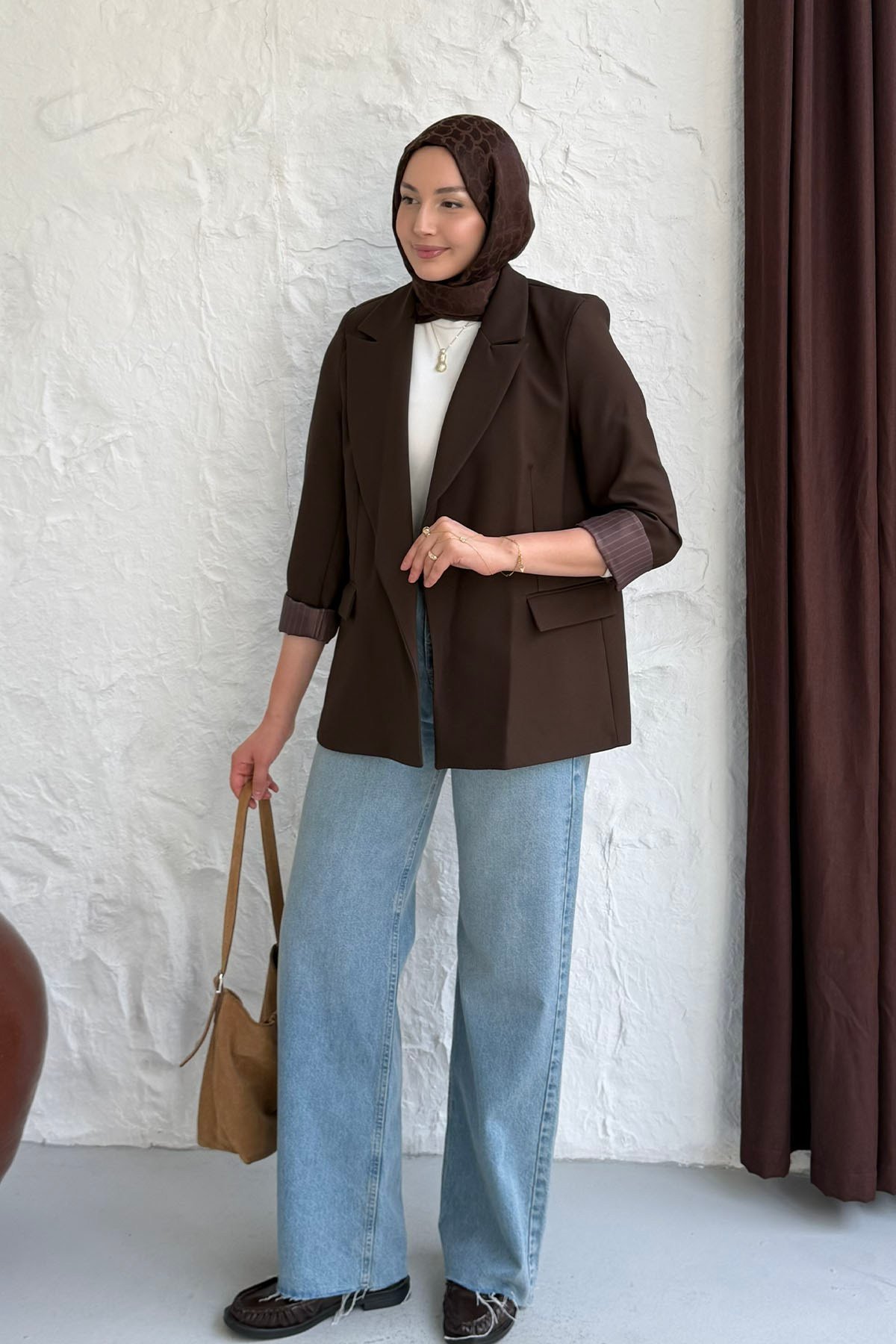 Çizgi Astarlı Düğmesiz Blazer Ceket-KAHVERENGİ
