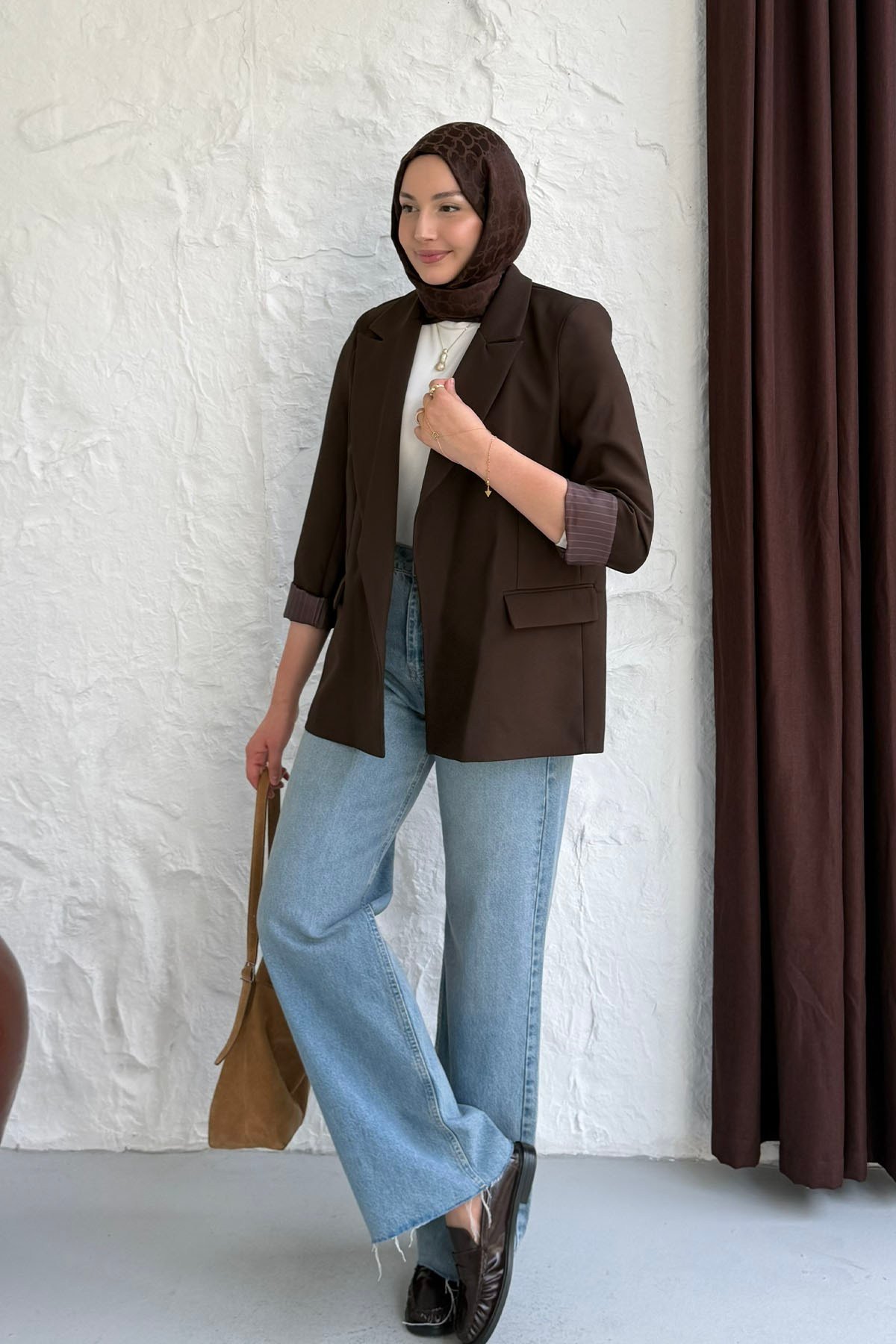 Çizgi Astarlı Düğmesiz Blazer Ceket-KAHVERENGİ