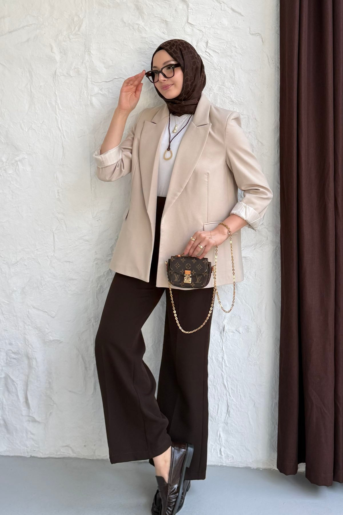 Çizgi Astarlı Düğmesiz Blazer Ceket-TAŞ