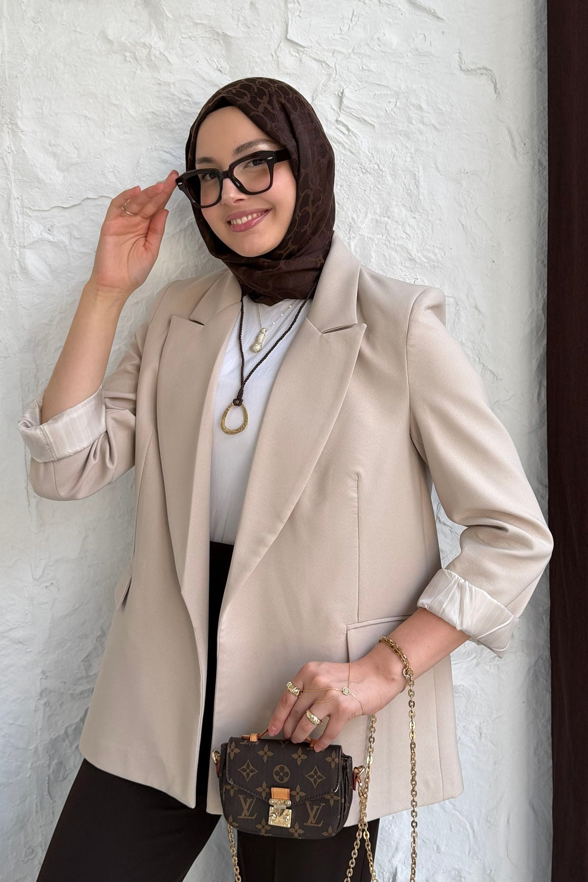 Çizgi Astarlı Düğmesiz Blazer Ceket-TAŞ